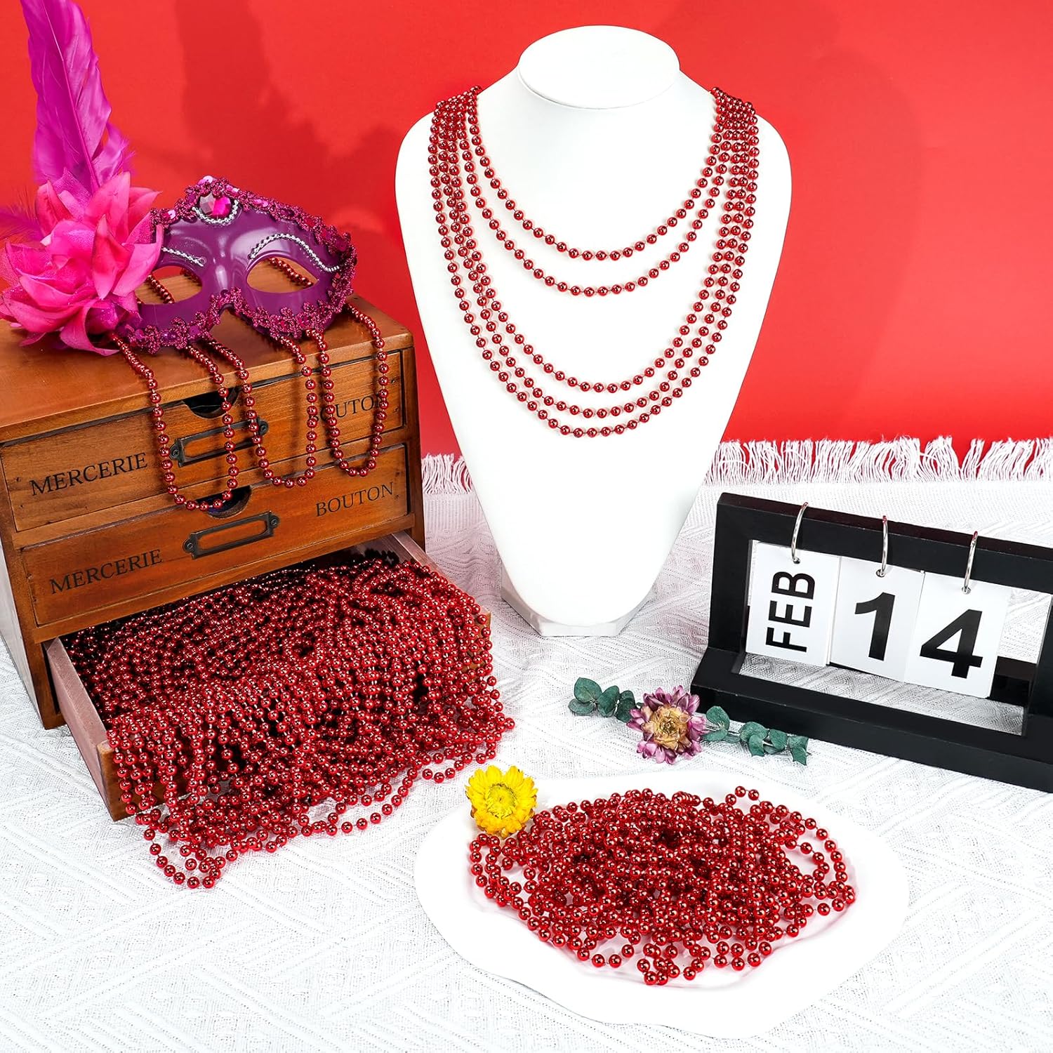 Thumbnail 3 de SHAOQINLIN 144 PCS Red Mardi Gras Beads Necklace Set