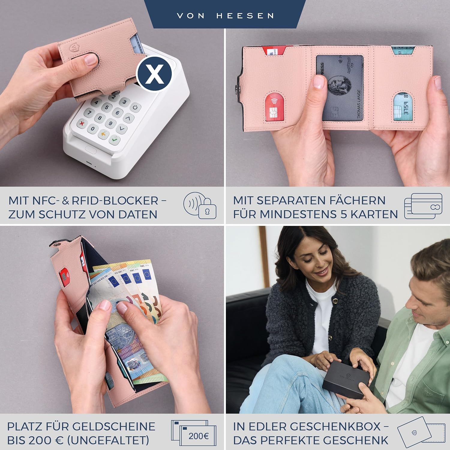 Thumbnail 1 de VON HEESEN Slim Wallet mit XXL Münzfach und RFID-Schutz – Nappa-Leder Kartenetui klein in Rose