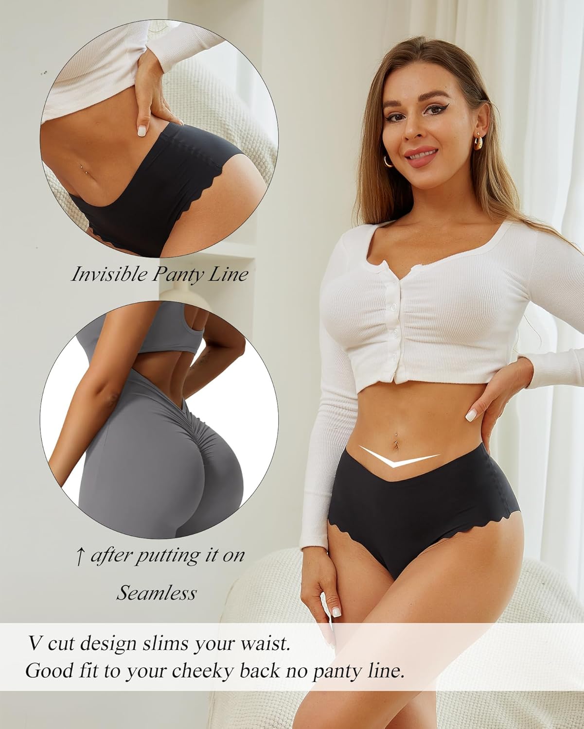 Detalle de Sth Big High Waisted Seamless Underwear for Women – 6 Pack No Show Cheeky with Scalloped Edge