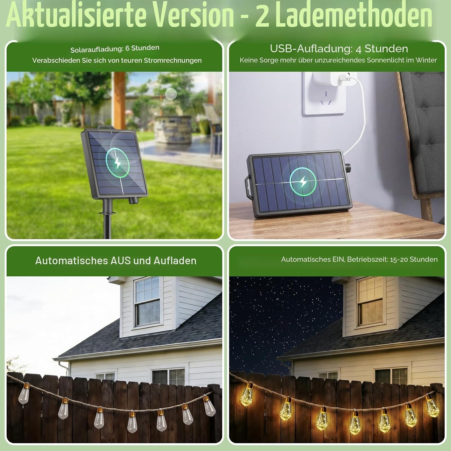 Thumbnail 4 de Giliwosy Solar Lichterkette Außen mit 16 S17 Glühbirnen – 10 m, Vintage Hanfseil, IP65, USB-Dualladung, 8 Modi