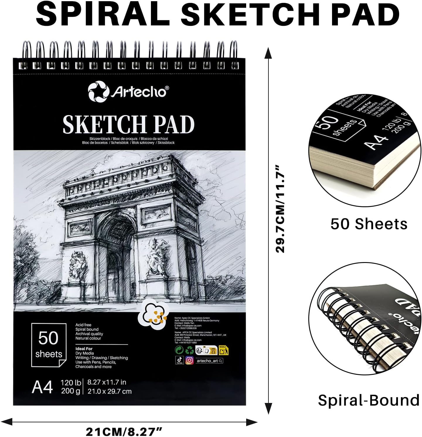 Thumbnail 1 de Artecho A4 Sketch Book (Hardcover, Spiral Bound) – 50 Sheets, 300gsm Thick Paper