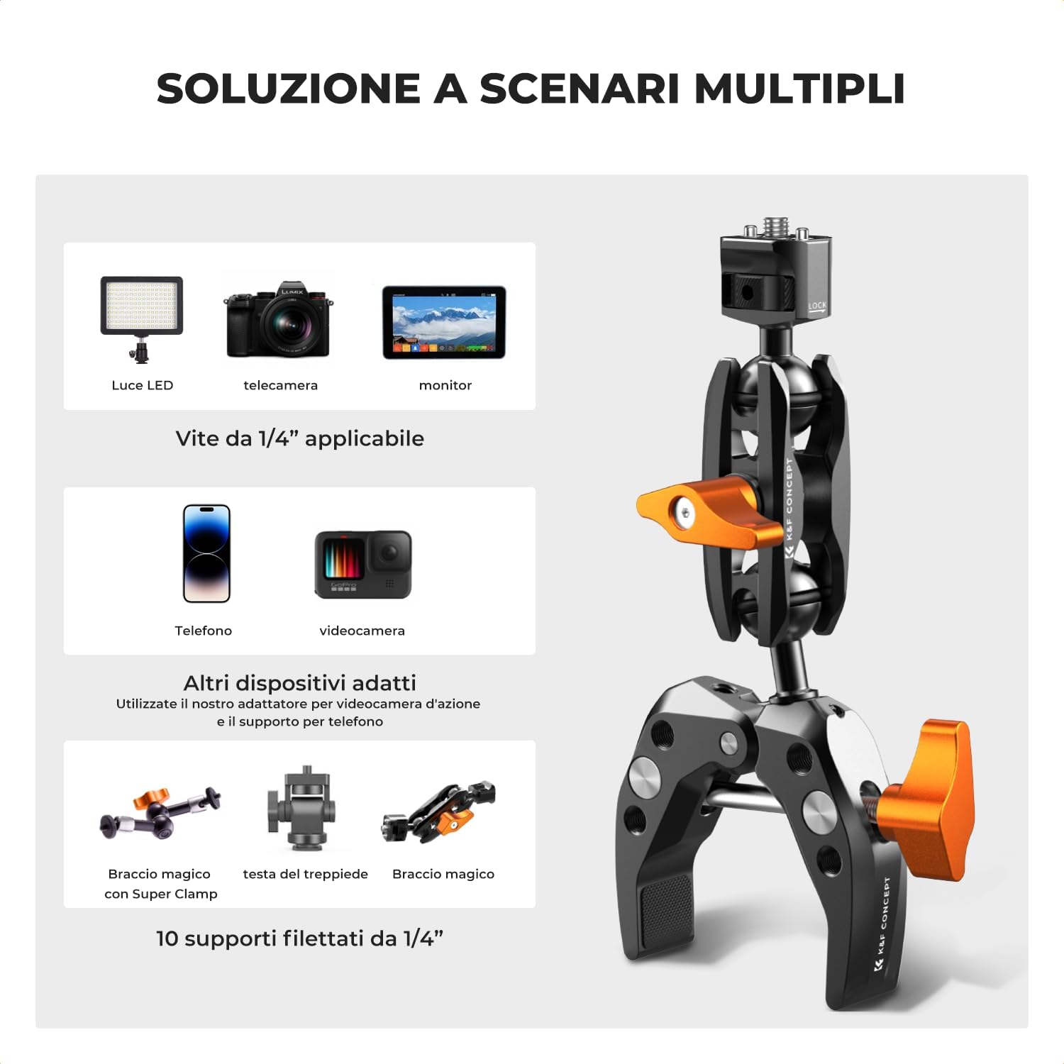 Detalle de K&F CONCEPT MS13 Braccio Magico con Super Clamp e snodo a sfera 360°