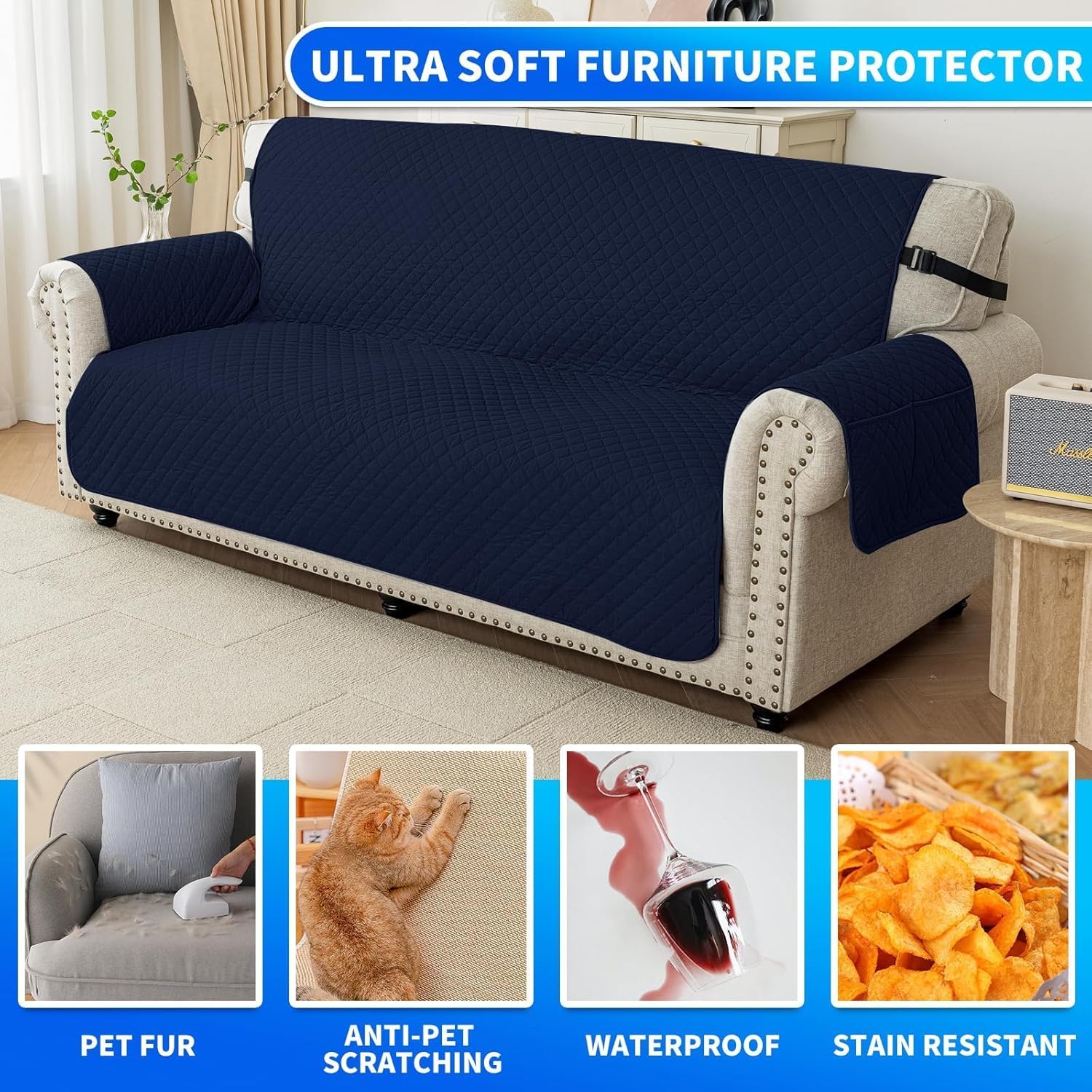 Thumbnail 6 de CYCMACO Couvre canapé imperméable 4 places universel antidérapant avec accoudoirs (bleu foncé)