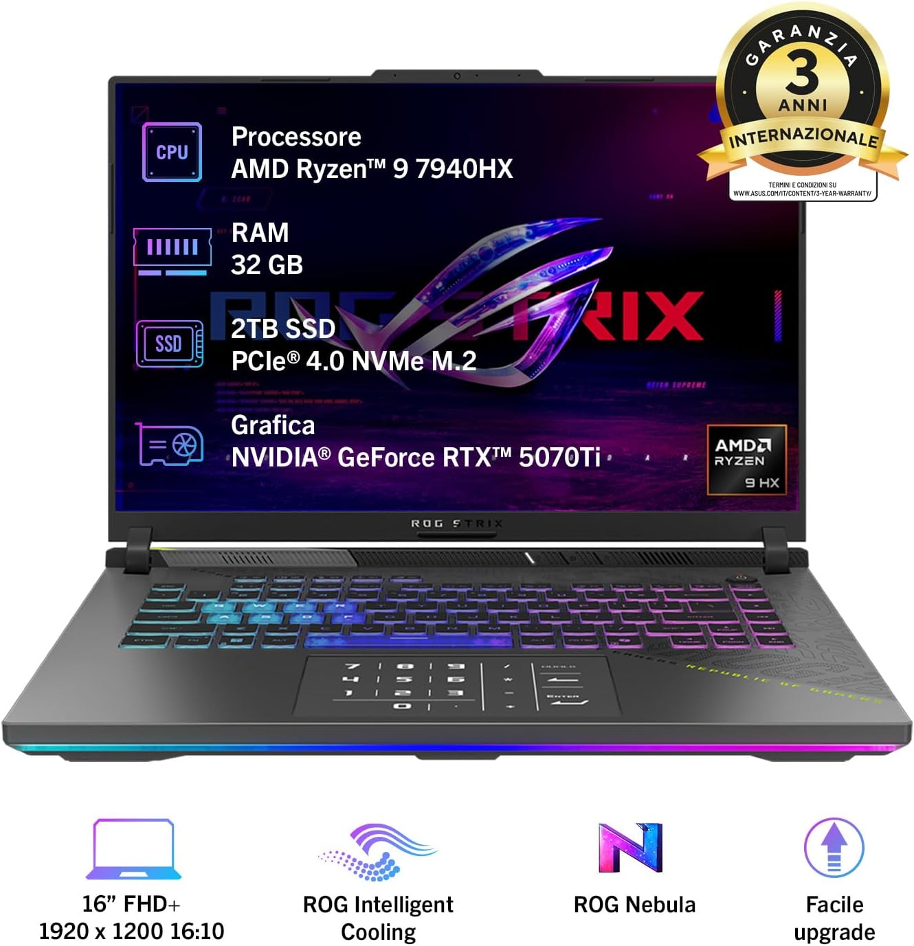 Detalle 2 de ASUS ROG Strix G16 (2025): potenza da gioco con RTX 5070 Ti, Ryzen 9 8940HX e display 16" 165 Hz
