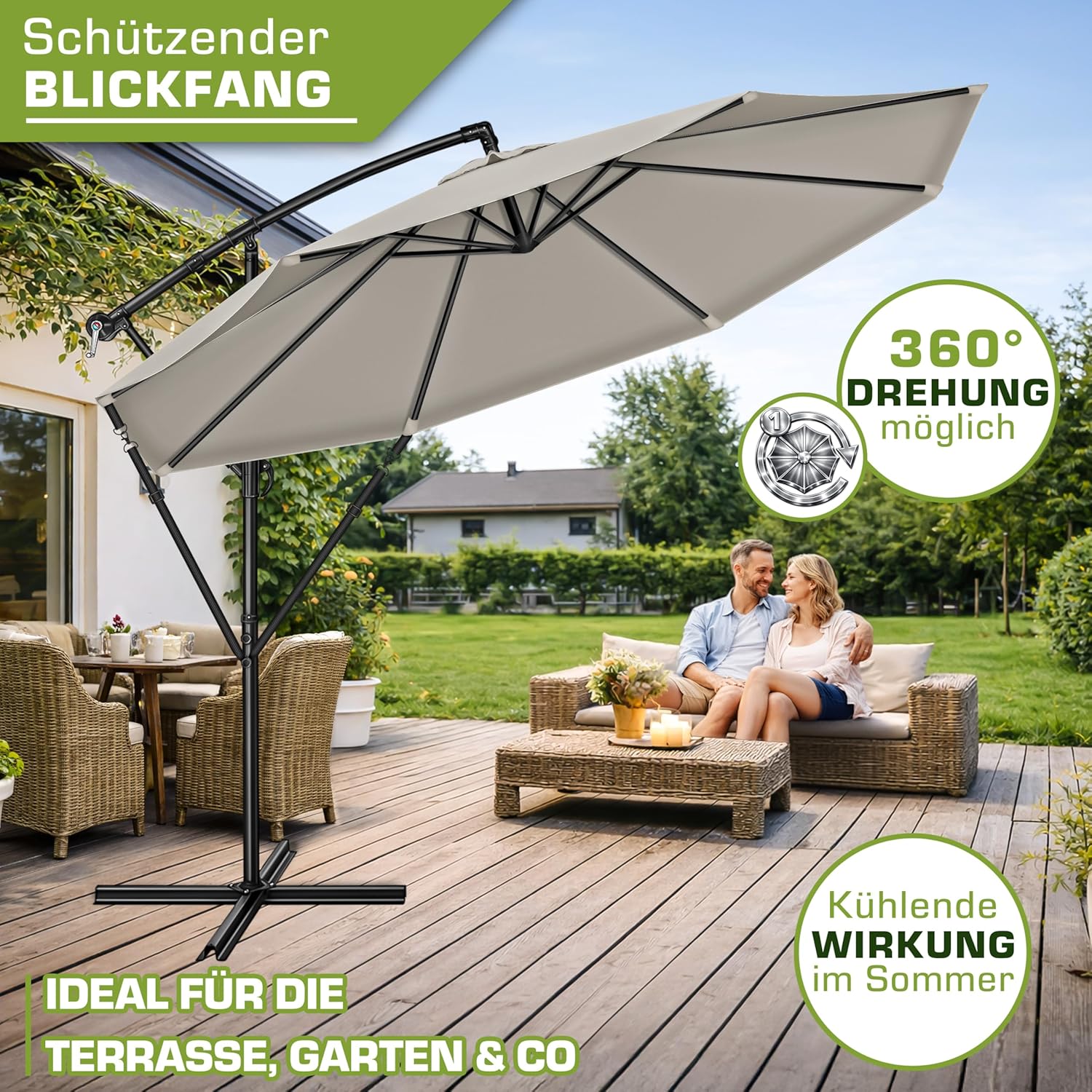 Thumbnail 5 de tillvex Alu Sonnenschirm 3 m Ø mit Kurbel und Abdeckung – Ampelschirm mit Ständer, Windschutz und 360° Drehung