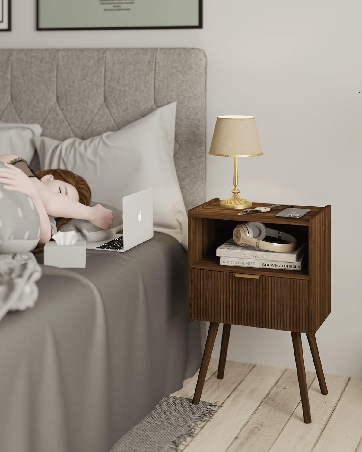 Detalle 2 de JOONEE Nightstand Walnut Brown with Drawer