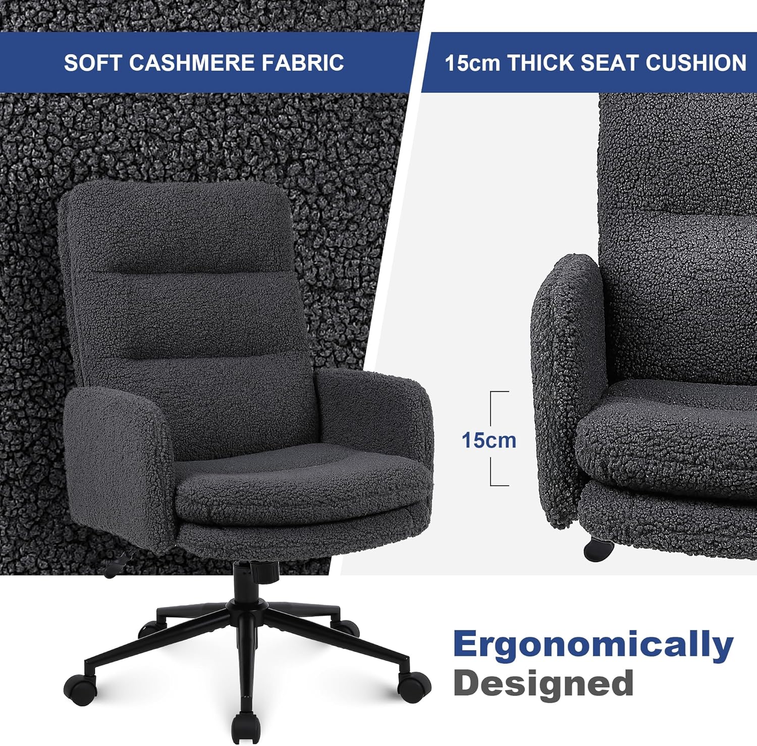 Thumbnail 3 de Youhauchair Schreibtischstuhl aus Kaschmir – ergonomischer Bürostuhl mit hoher Rückenlehne, Dunkelgrau