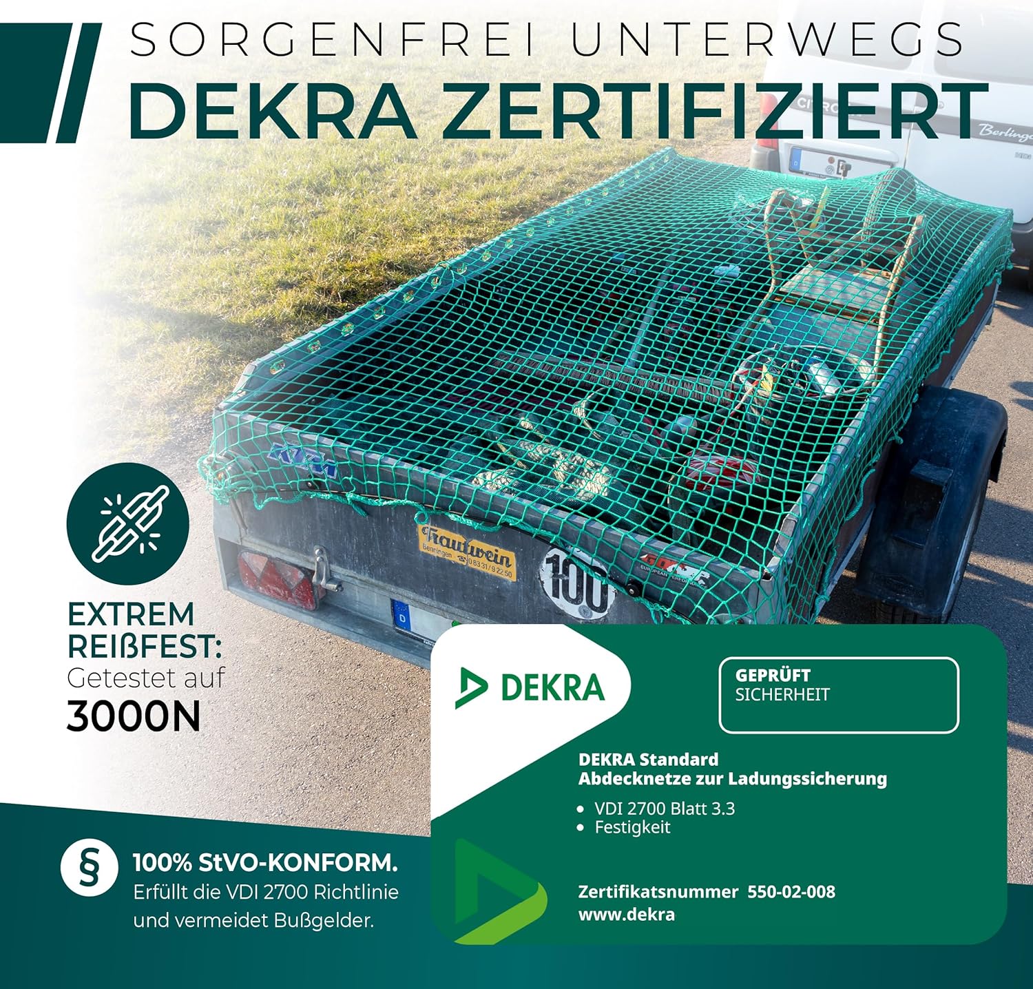 Thumbnail 1 de CargoVA Anhängernetz 1,5x2,5M – DEKRA Geprüft, 3 kN Reißfestigkeit, Gummiseil & Eckenmarkierung
