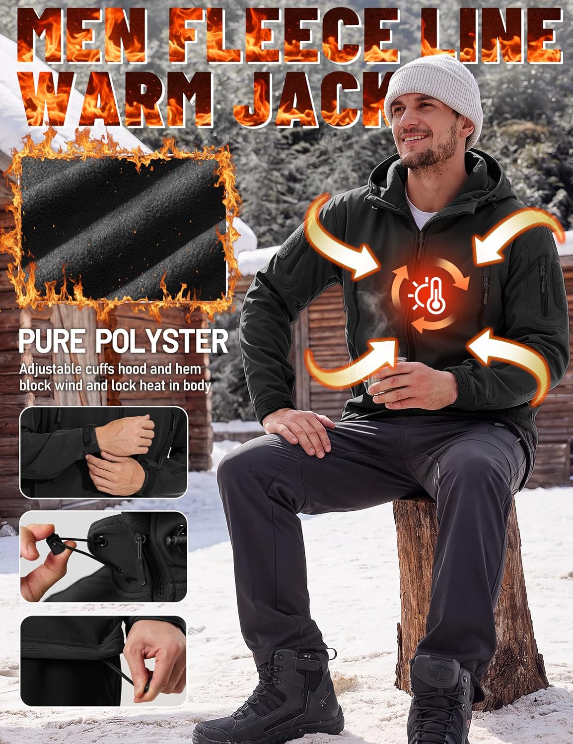 Detalle 2 de TACVASEN XLTJ-73 Men's Tactical Soft Shell Jacket with Hood and Fleece Lining