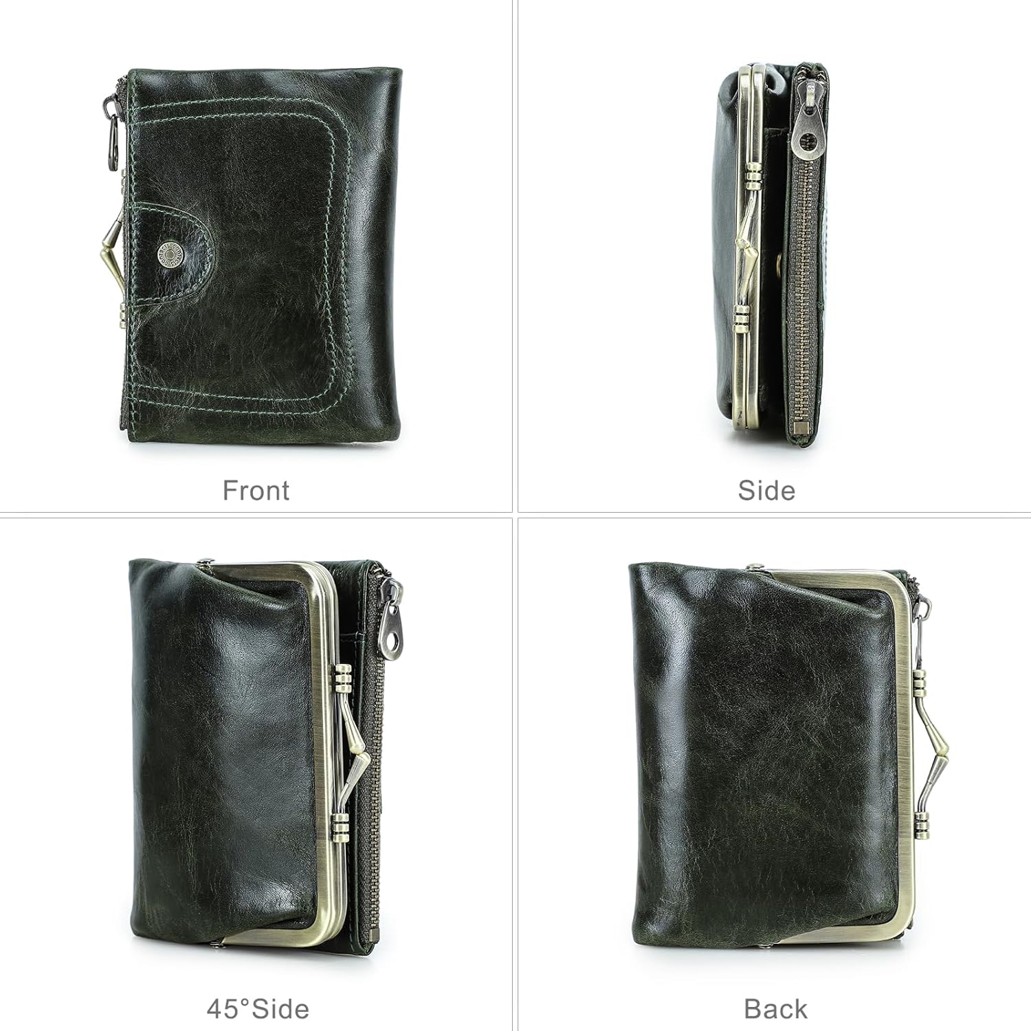 Thumbnail 2 de CONTACTS Women’s RFID Wallet with Kiss Lock – genuine leather compact bifold coin purse with zip & card slots in dark green