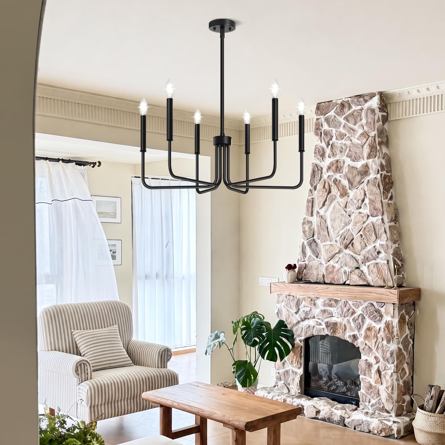 Detalle 2 de Lynnoland L220028P6 6-Light Black Farmhouse Chandelier, Adjustable Height