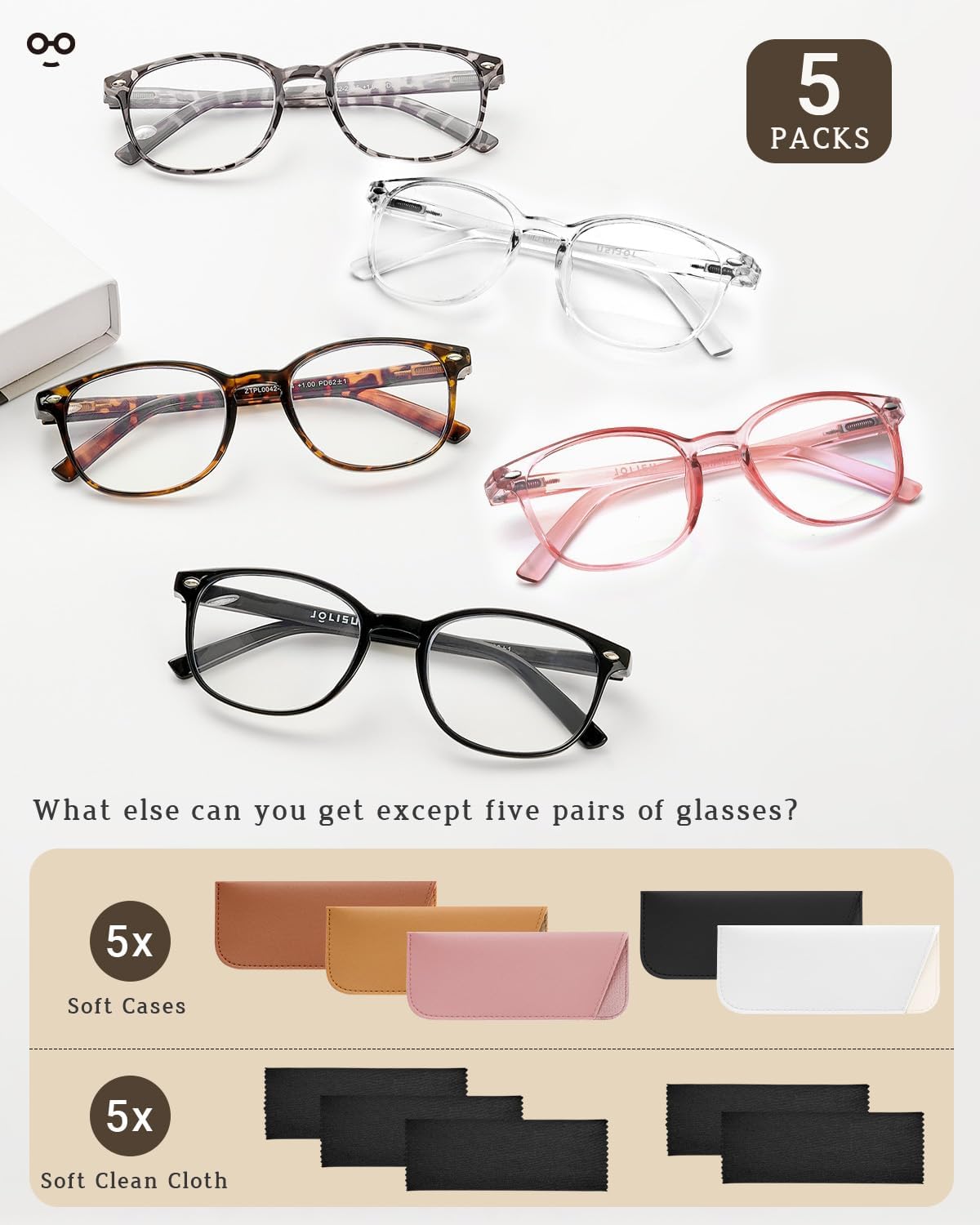 Detalle 1 de JOLISU 5-Pack Reading Glasses with Blue-Light-Blocking Lenses and Spring Hinges