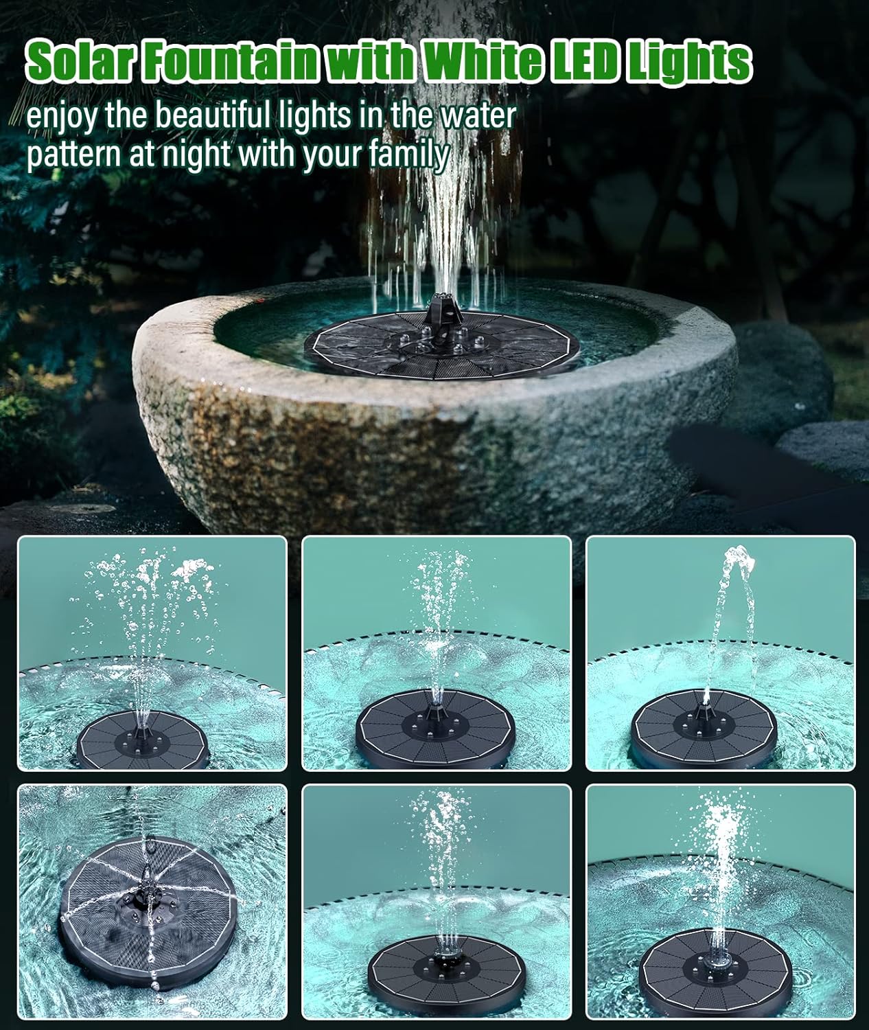 Thumbnail 1 de SZMP 3.5W Solar Water Fountain with 100% Glass Panel, 2200mAh Battery, 7 Nozzles & LED