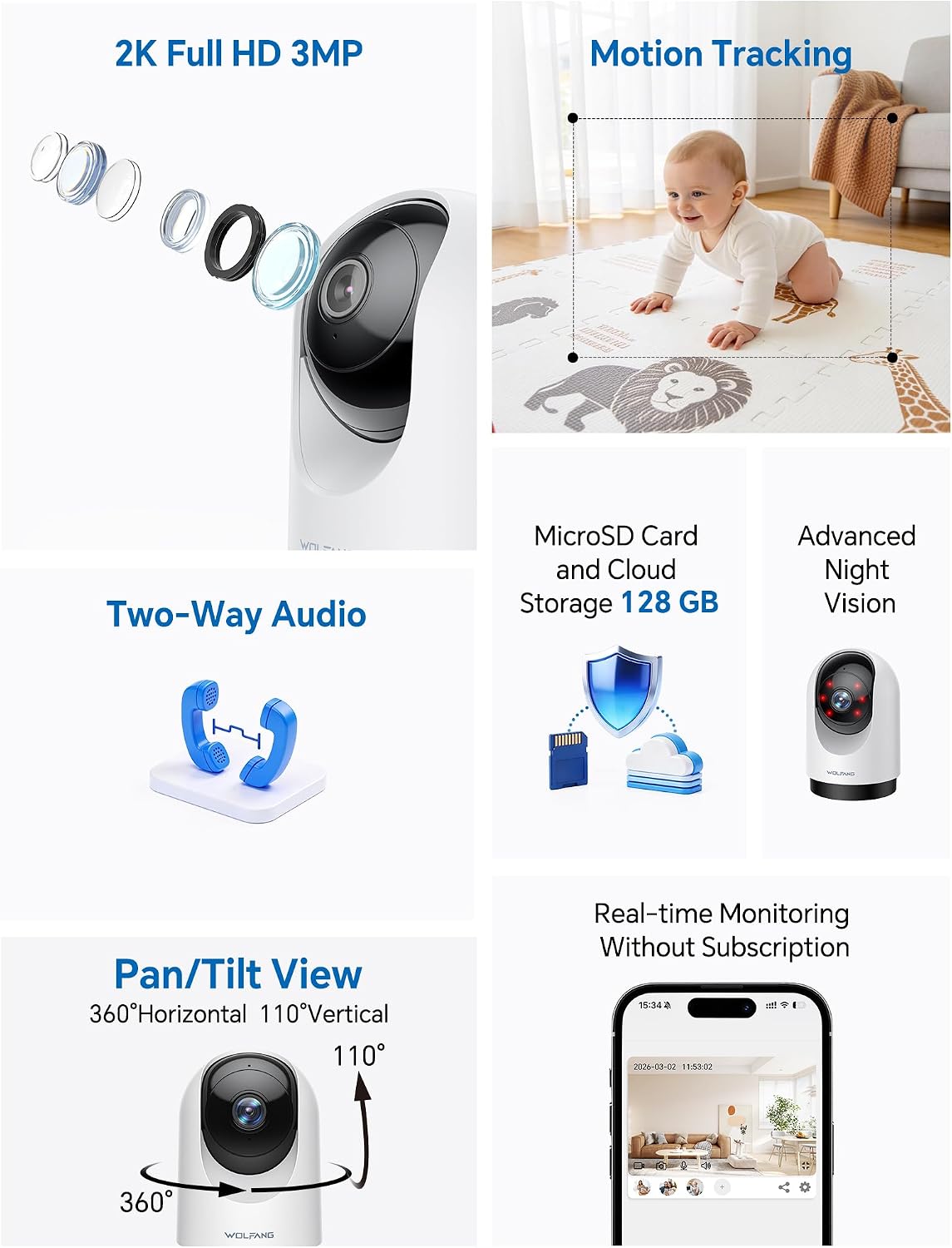 Detalle 2 de WOLFANG WS03 2K PTZ Indoor Security Camera with AI Motion Tracking