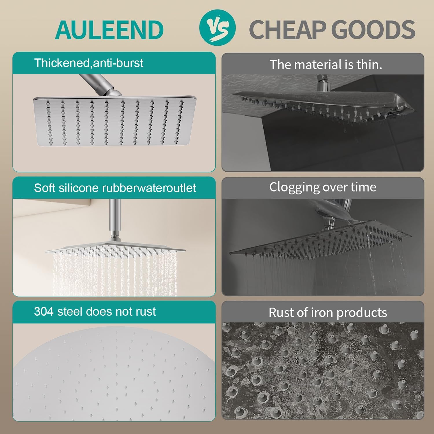 Thumbnail 3 de AULEEND BNW0088 8-Inch Square Rain Shower Head, Stainless Steel, Chrome