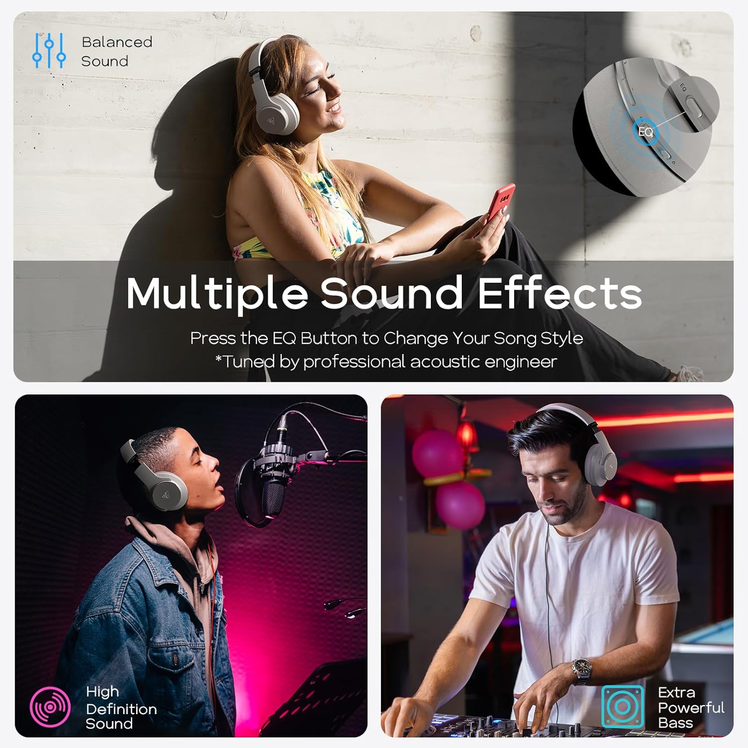 Thumbnail 3 de DOQAUS Wireless Over-Ear Headphones (Bluetooth 5.3) with 3 EQ Modes, up to 90H play time, mic – Light Grey