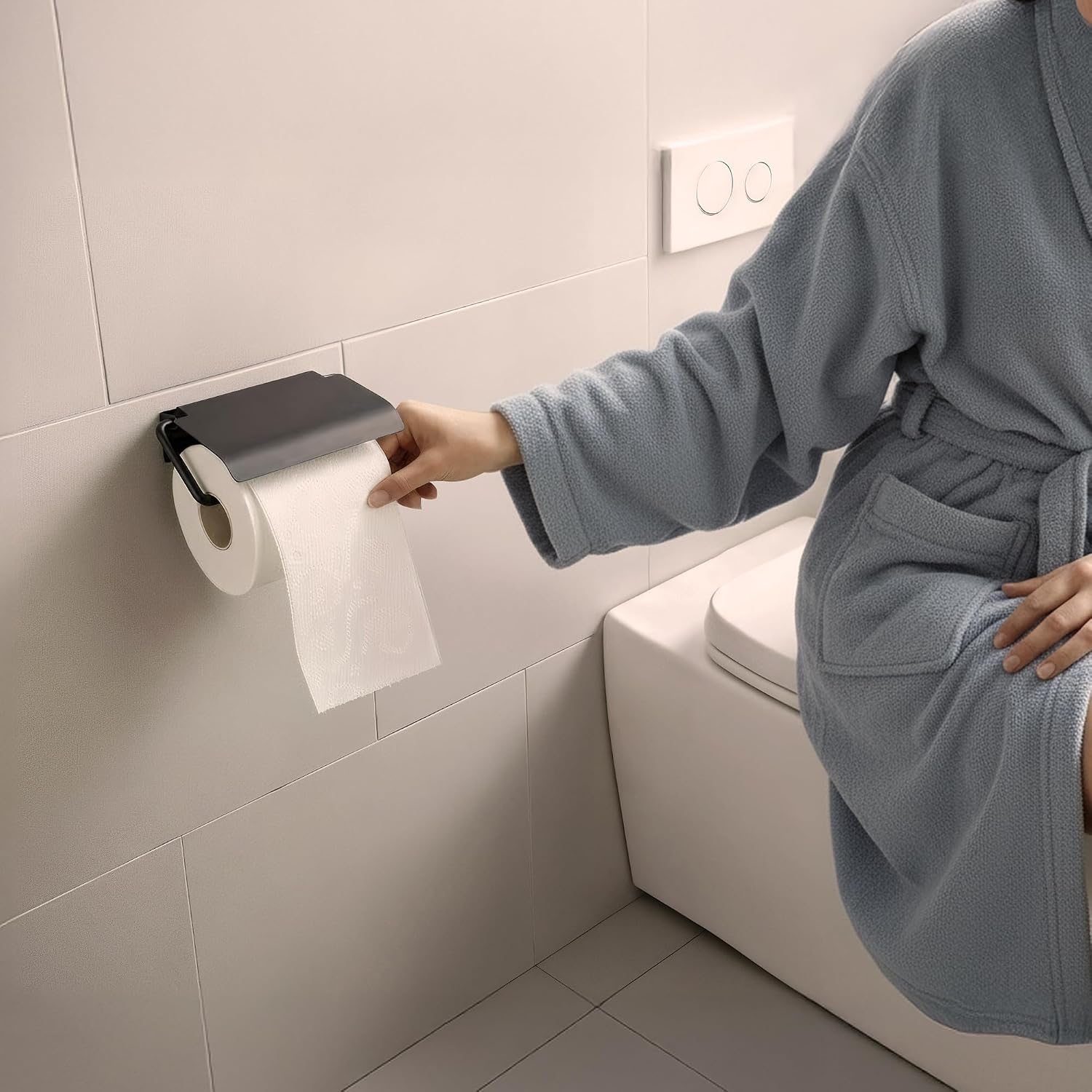Detalle de Minismus MI7719 toiletrolhouder met afdekking, zwart RVS en twee montageopties