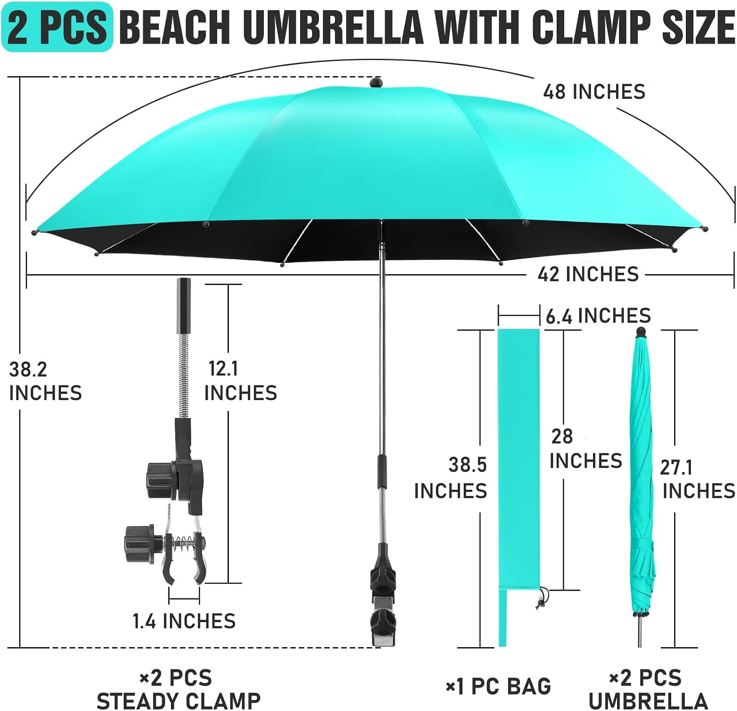 Detalle de NBtoUS 2-Pack Beach Umbrella with Clamp: 360° Adjustable UV Protection for Chairs