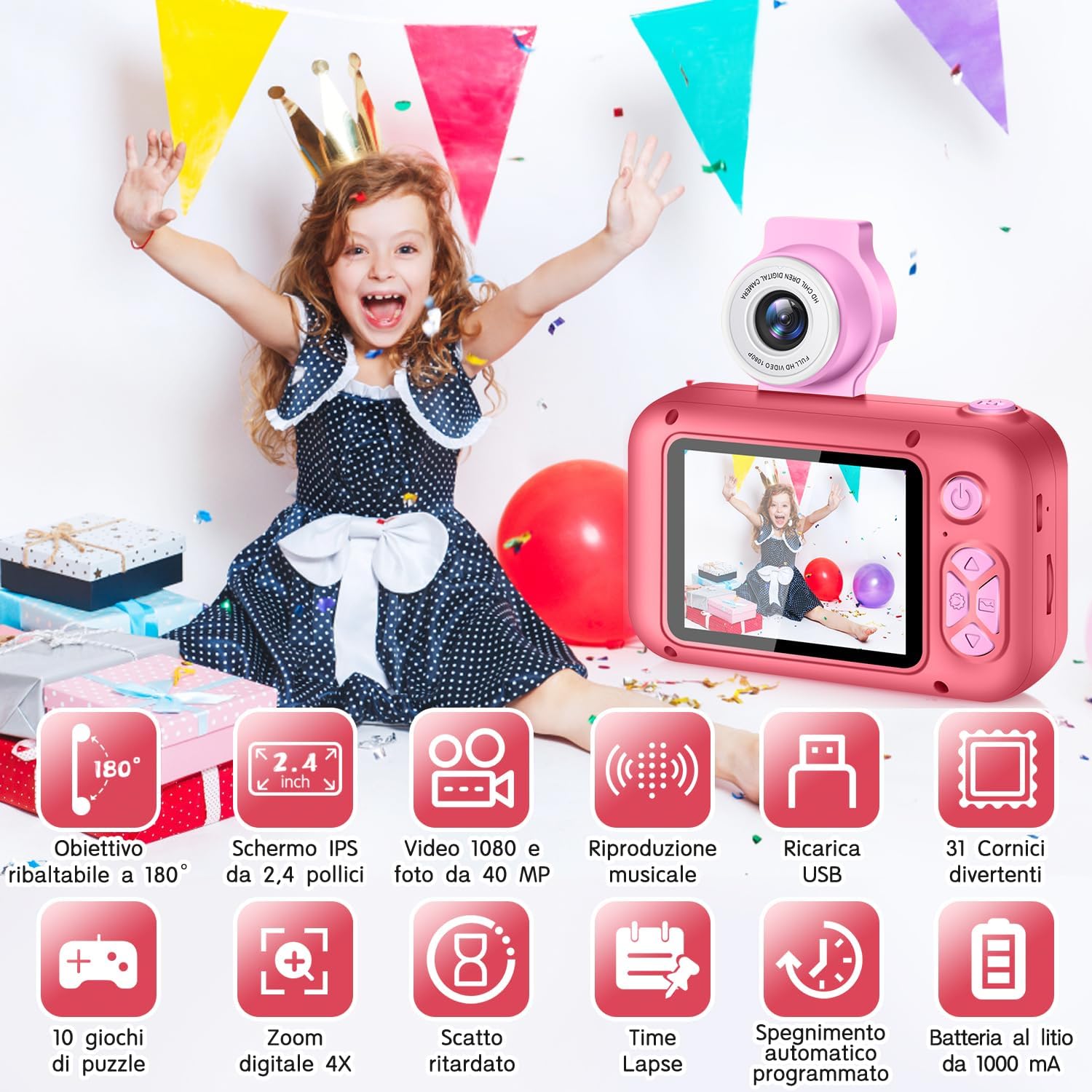 Detalle 2 de ARNSSIEN Macchina Fotografica per Bambini 2,4'' con Lente Flip 180° e Funzioni Multimediali