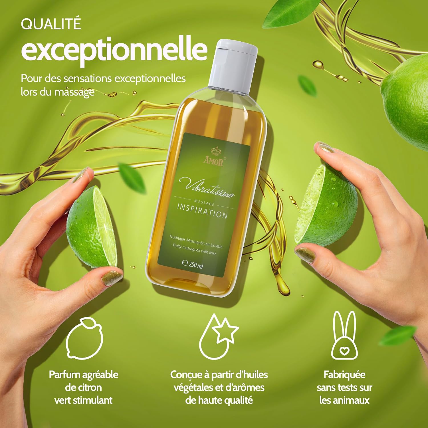 Detalle 2 de Vibratissimo Inspiration 250 ml, huile de massage au citron vert ⚙