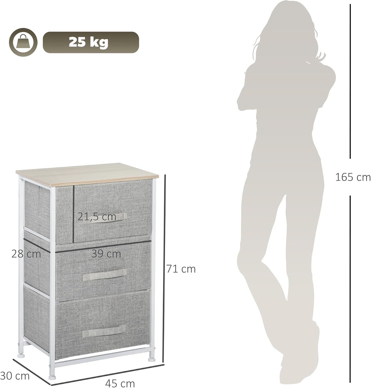 Thumbnail 2 de HOMCOM Commode 3 tiroirs en Tissu Gris