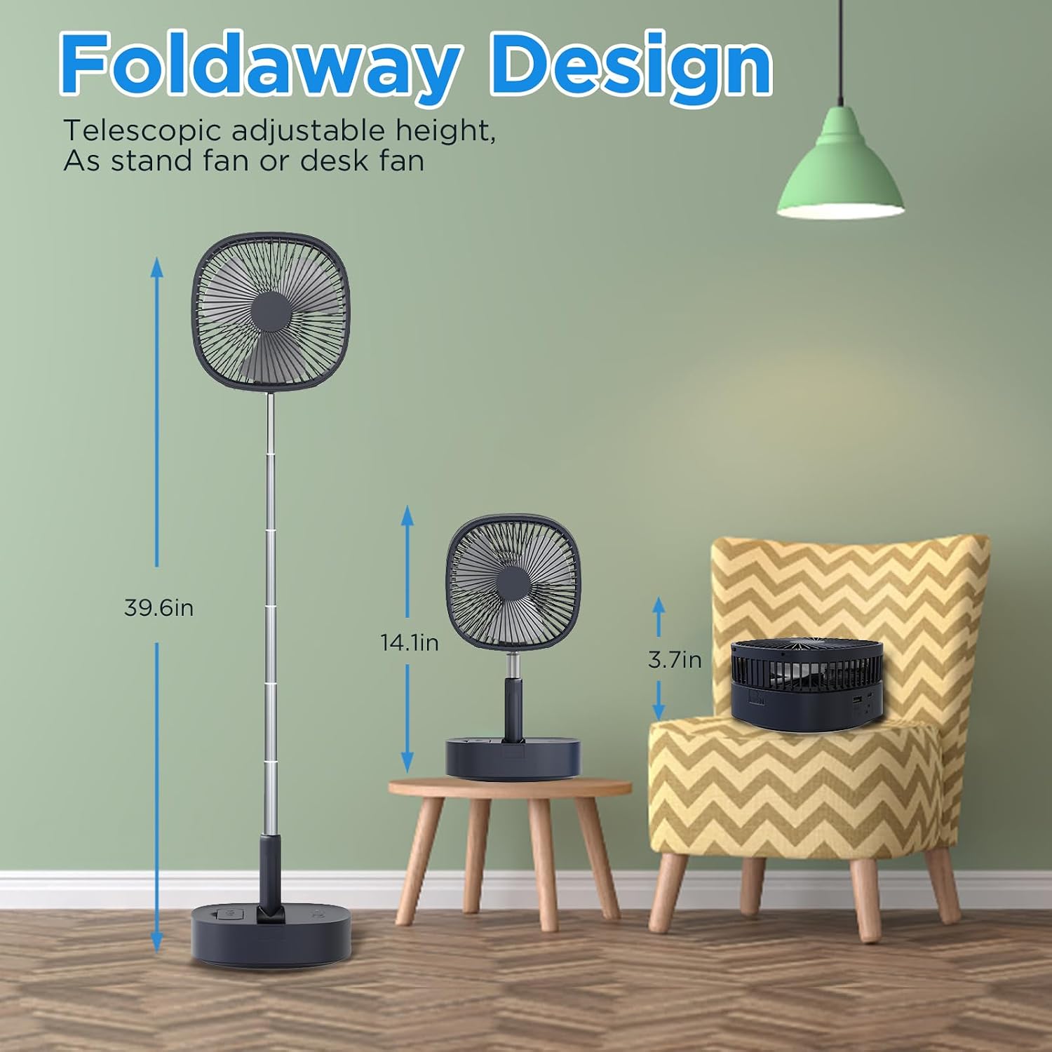 Detalle de Magesh 3-in-1 Oscillating Pedestal Fan with Remote, 120° Rotation, 7200mAh Rechargeable Battery, Telescopic & Silent Timer – Dark Blue