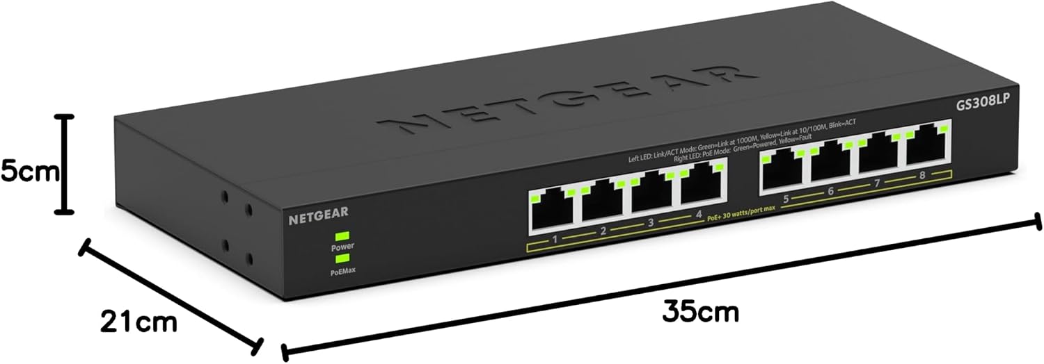 Thumbnail 6 de NETGEAR 8-Port PoE Gigabit Ethernet Unmanaged Essentials Switch (GS308LP) mit 8× PoE+ (60 W) – Plug-and-Play