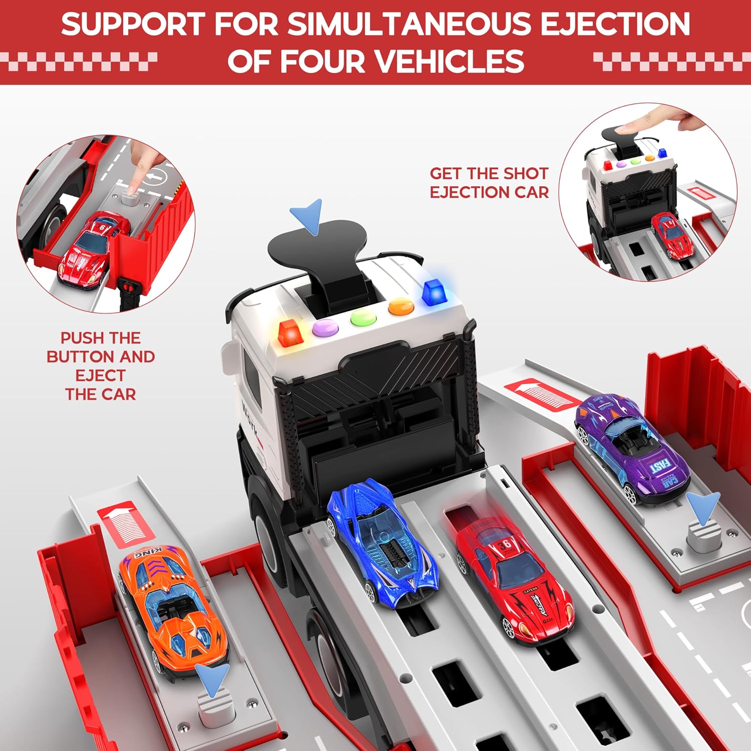Detalle de Transport Truck Toy for Boys & Girls with 8 Race Cars and Ejecting Dual Tracks (Portable Carrier Truck Set)