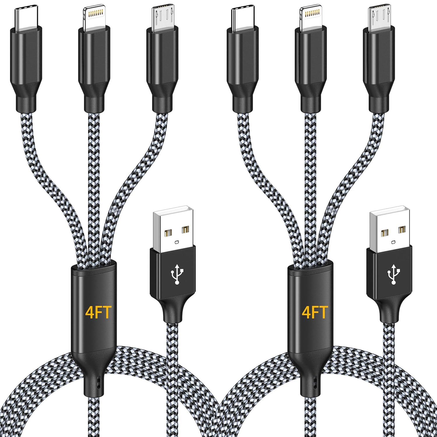Detalle de AICHUA 3-in-1 Multi Charging Cable (4ft, 2 Pack) with Lightning, USB-C, and Micro USB