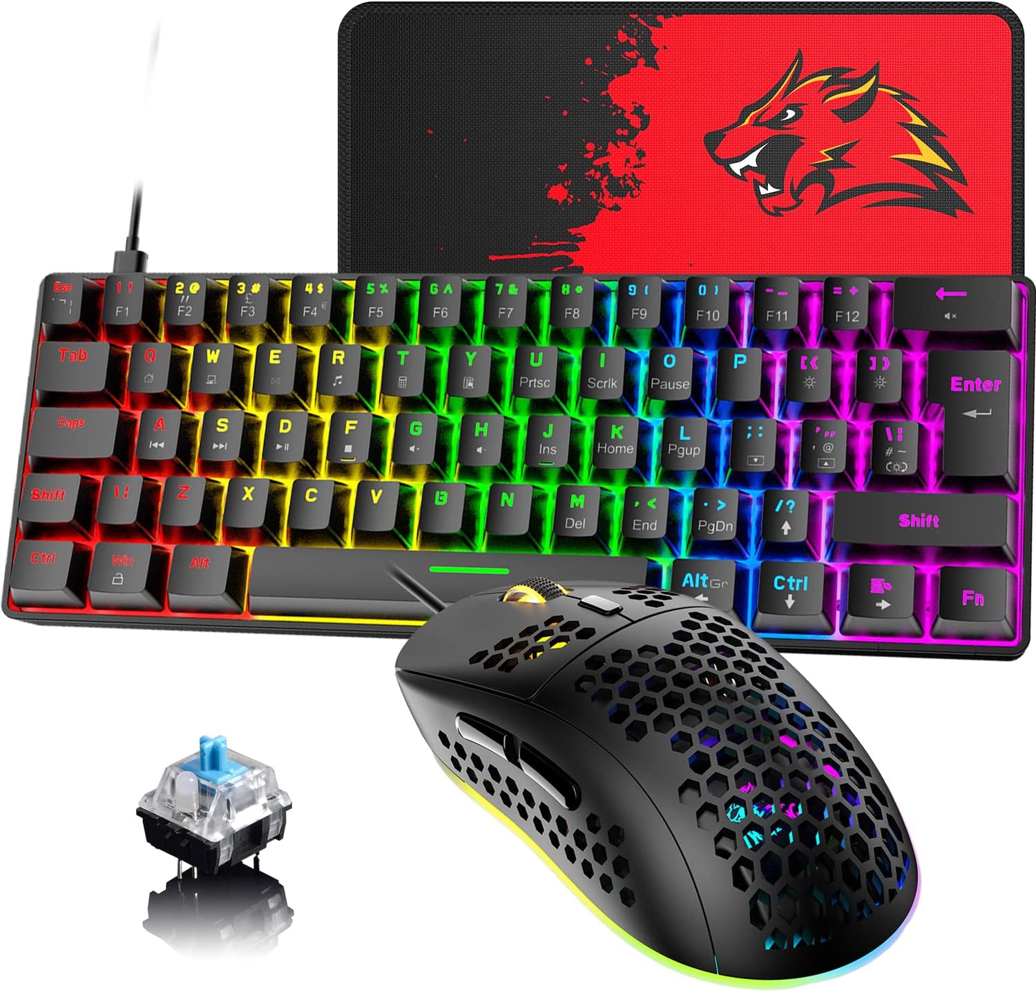 Detalle de 60% UK Layout Wired Gaming Keyboard and Mouse 62 Keys Mini Compact Mechanical Keyboard + 6400 DPI RGB Mouse