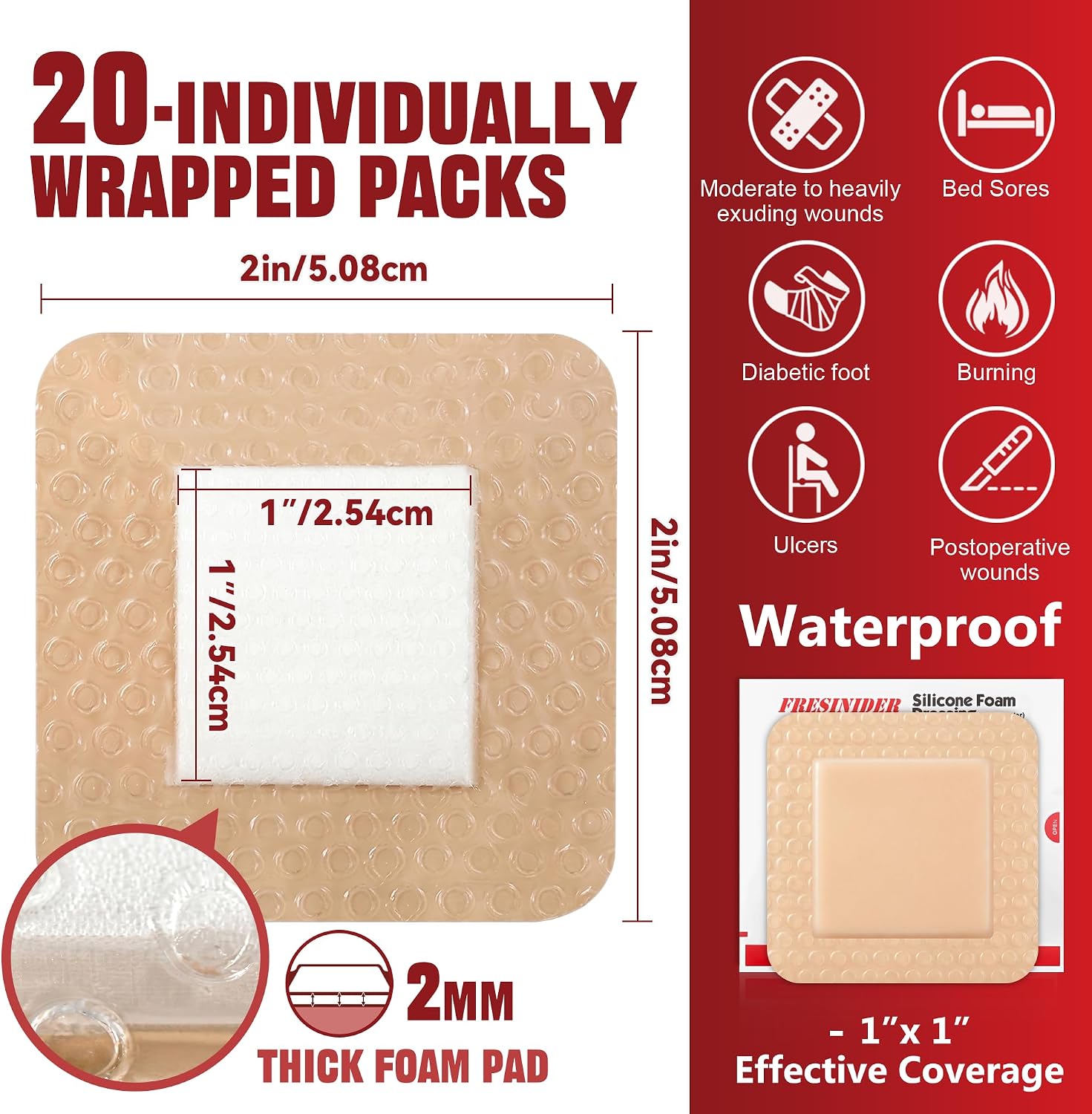 Thumbnail 1 de FRESINIDER Sacral Silicone Foam Dressing 7" x 7" (10 Pack) with Adhesive Border