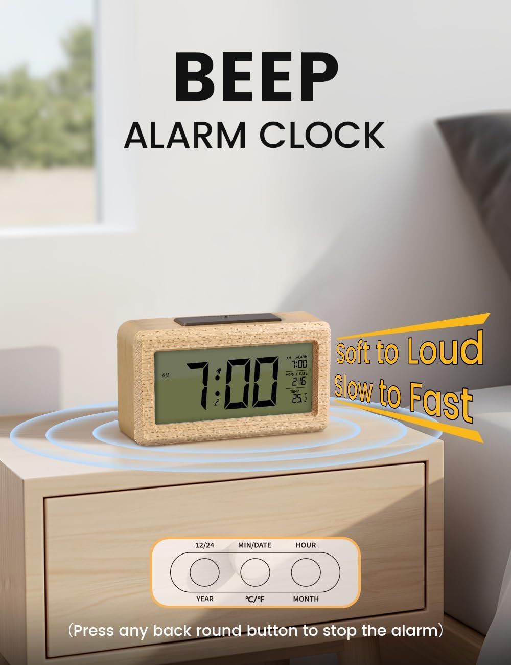 Thumbnail 3 de aboveClock Digital Alarm Clock Wooden Bedside Clock with Large Backlit LCD, Temperature & Snooze (AAA batteries needed)