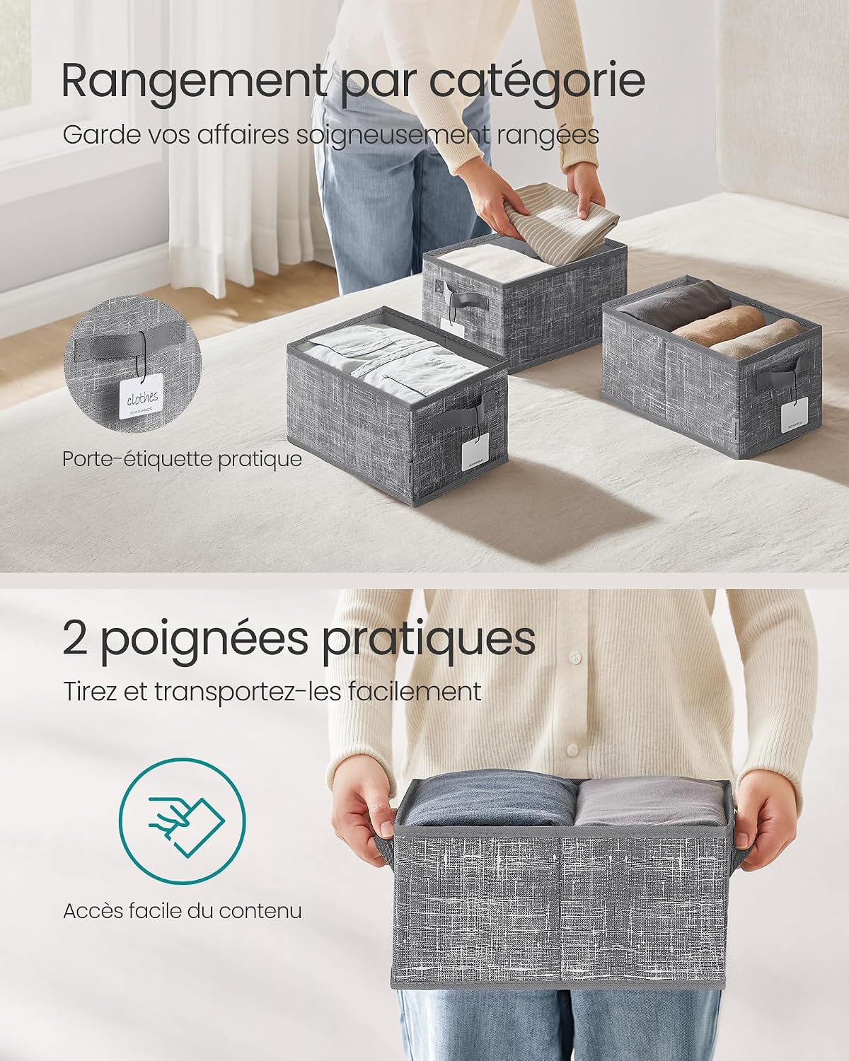 Detalle 1 de SONGMICS opvouwbare stoffen opbergdozen, set van 3, 30 x 20 x 15 cm