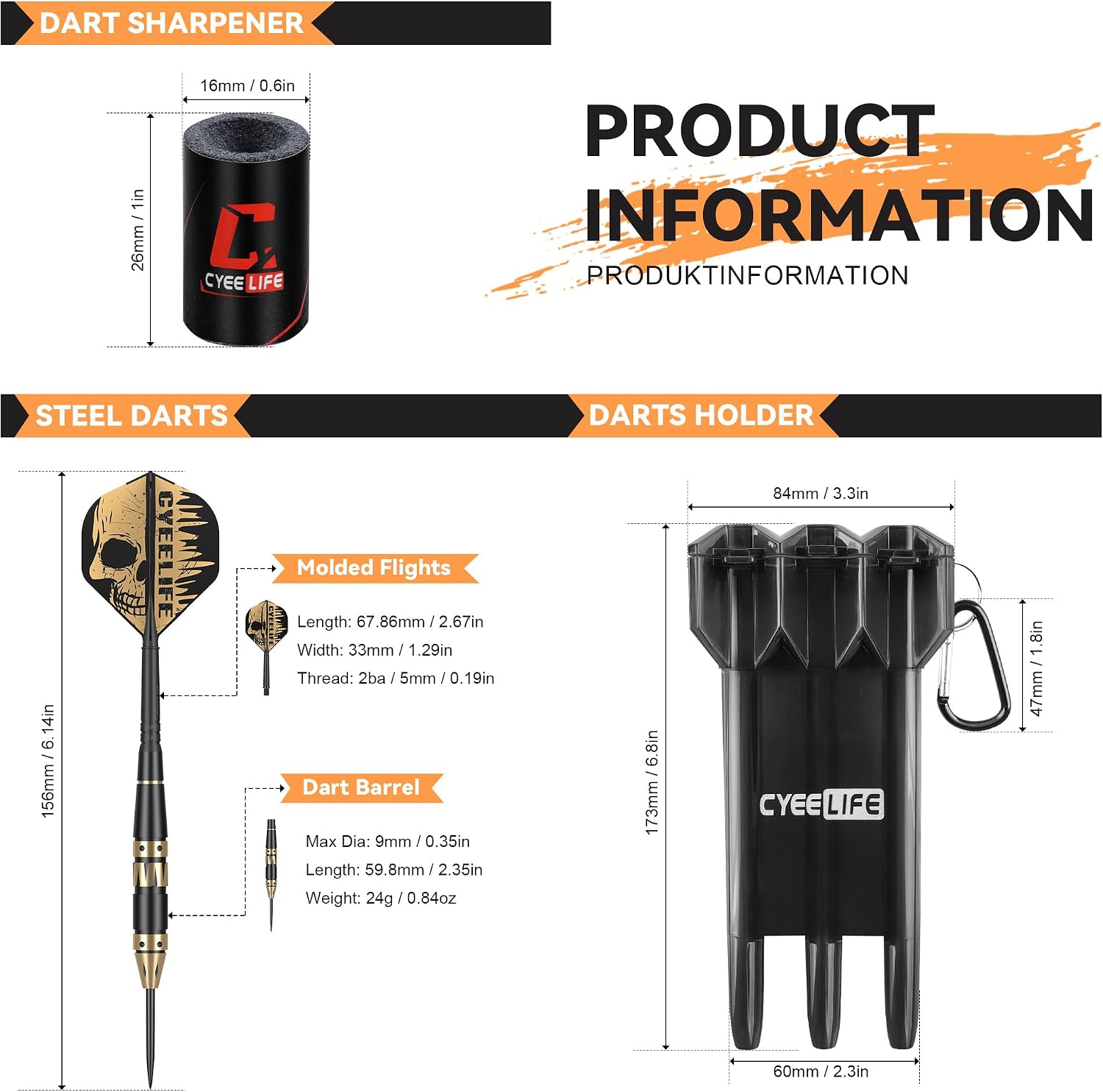 Detalle de CyeeLife stalen darts van 24 g met messing barrels, skeletflights en koffer