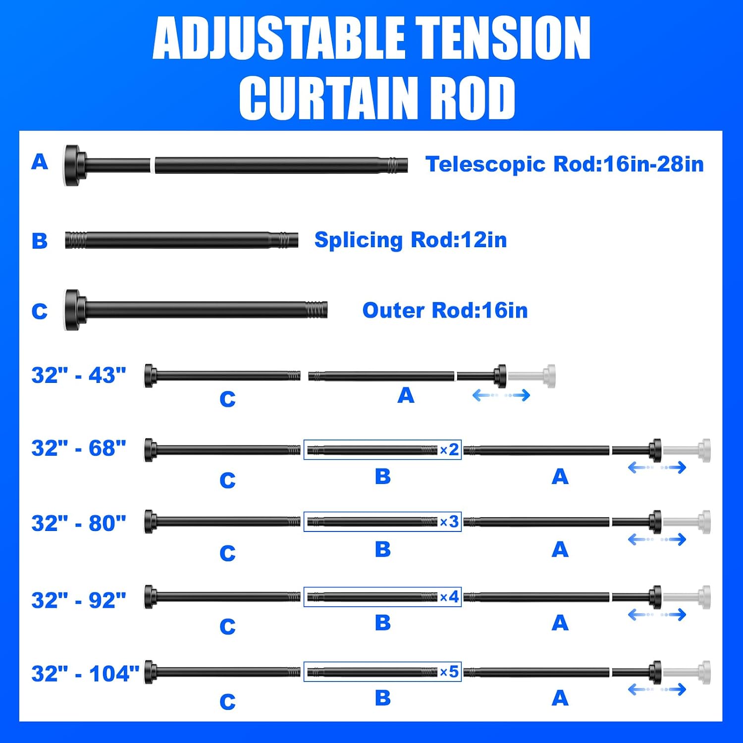 Detalle de Ausemku yq-a-A80H Tension Curtain Rod, Adjustable 32–80 Inch, Black Stainless Steel