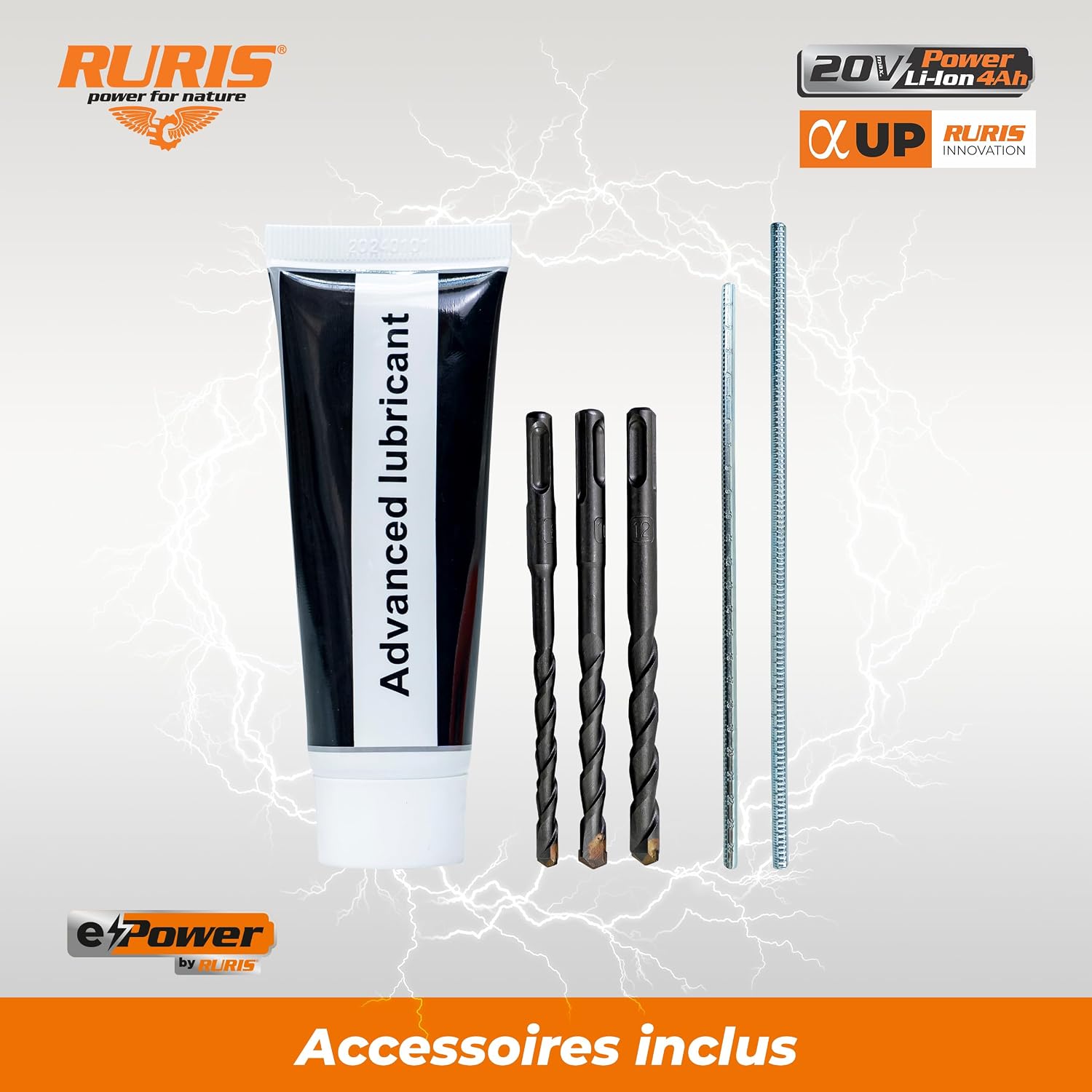 Thumbnail 3 de RURIS RMX1210: Marteau perforateur sans fil SDS Plus 20V 4Ah avec LED, vitesse variable et forets 8/10/12 mm (pack inclus)