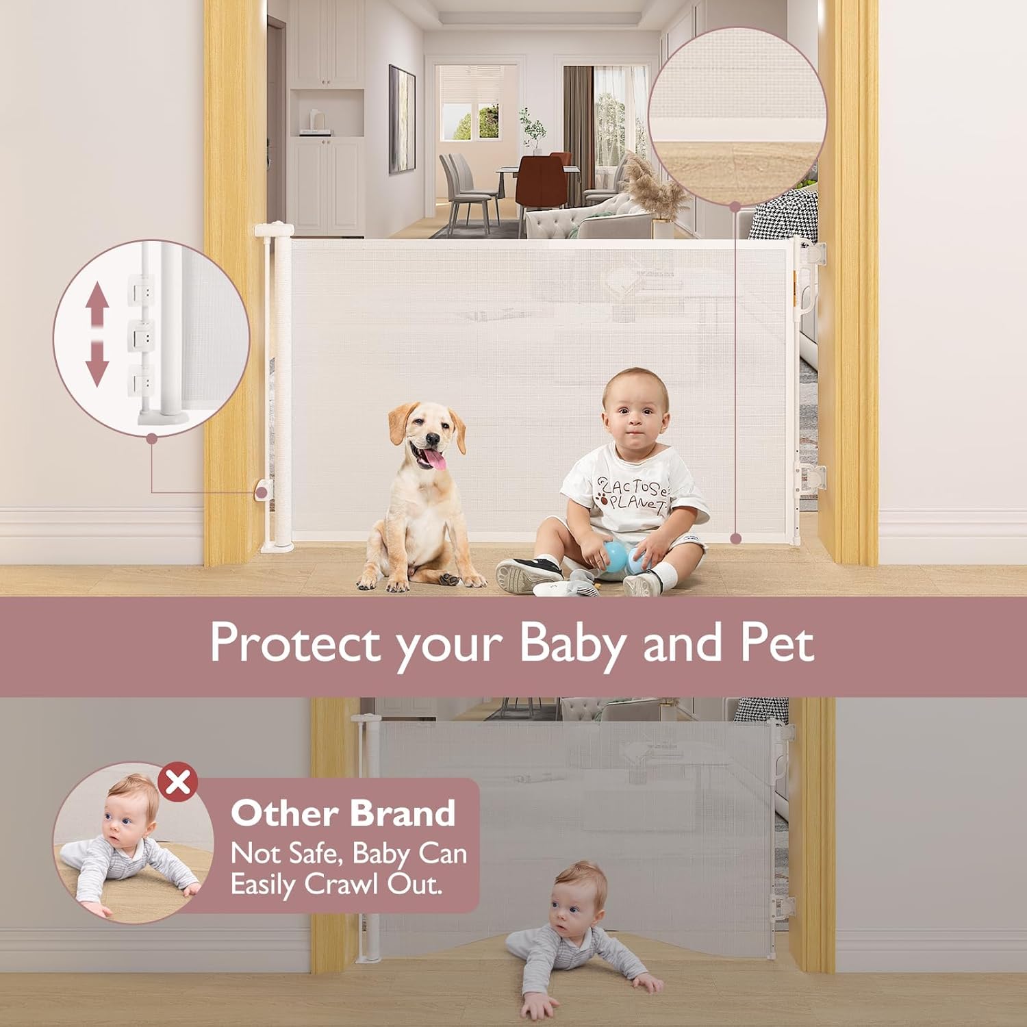 Detalle de Momcozy Retractable Mesh Baby Gate – 33" tall, extends up to 55" wide for doorways, stairs, and hallways