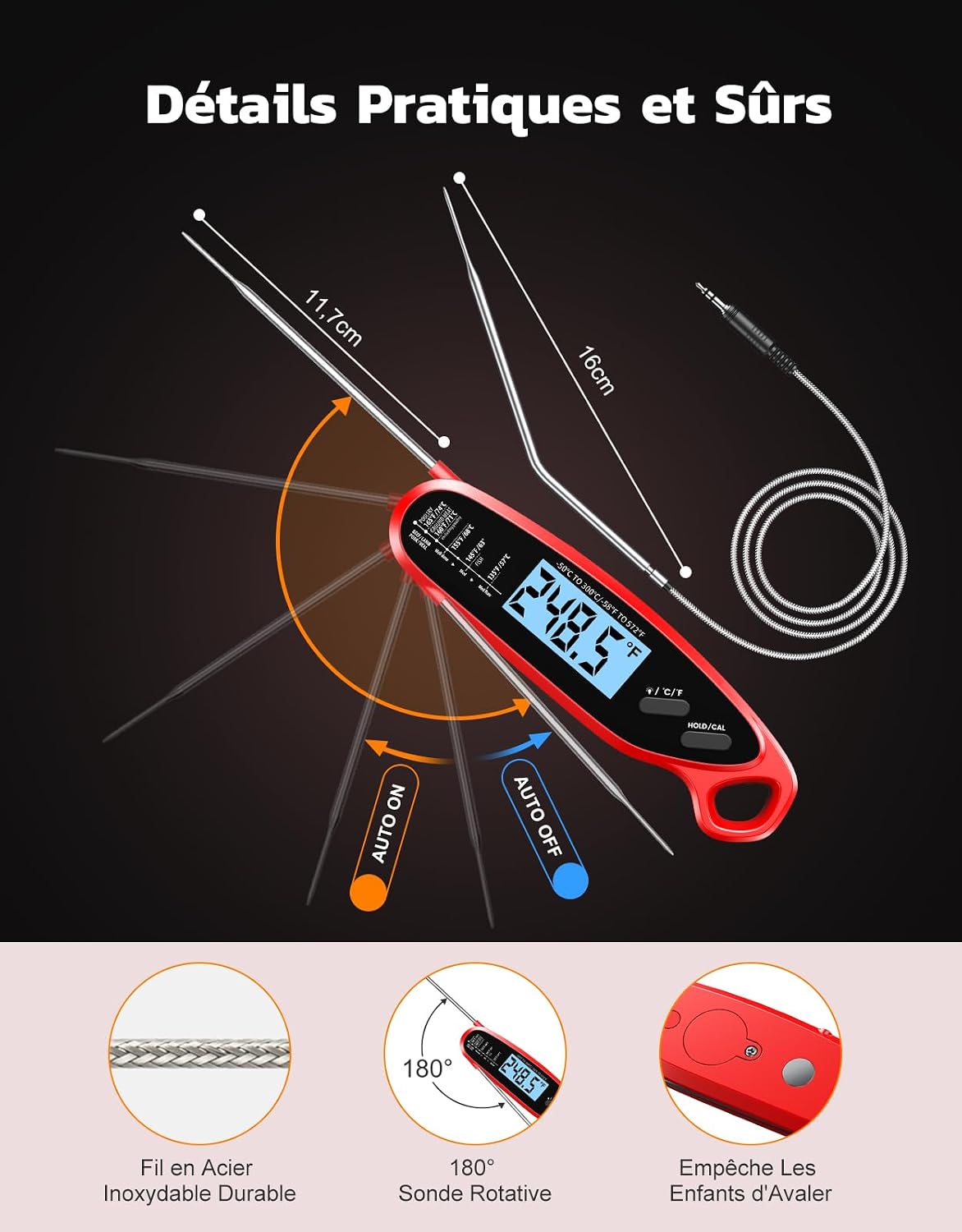 Detalle de Babacom RTS-236S keukenthermometer met dubbele sonde en verlicht display
