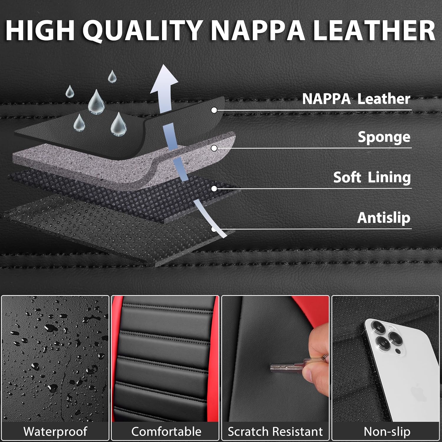 Thumbnail 2 de CAR PASS Nappa Leather Front Car Seat Covers (Waterproof, Anti-Slip, Airbag-Compatible) — Black/Red