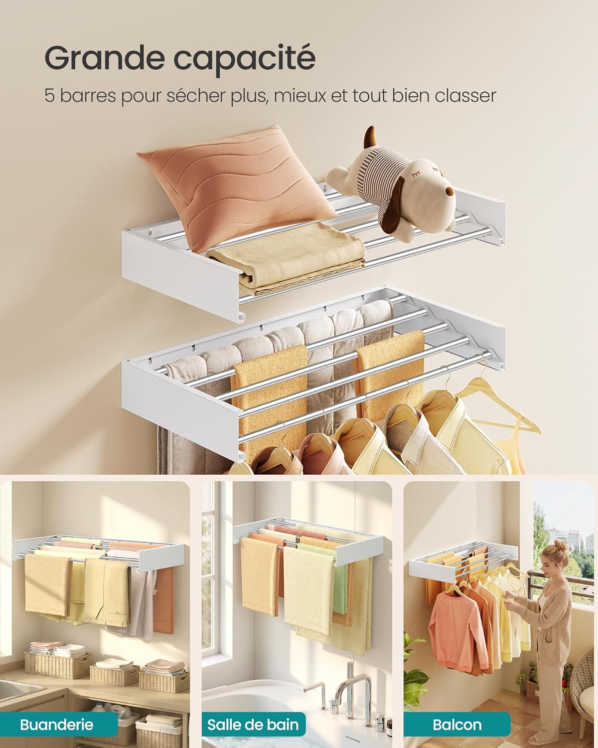 Thumbnail 3 de SONGMICS Étendoir à Linge Mural Rabattable 5 Barres 80 cm – gain de place, aluminium, intérieur et extérieur