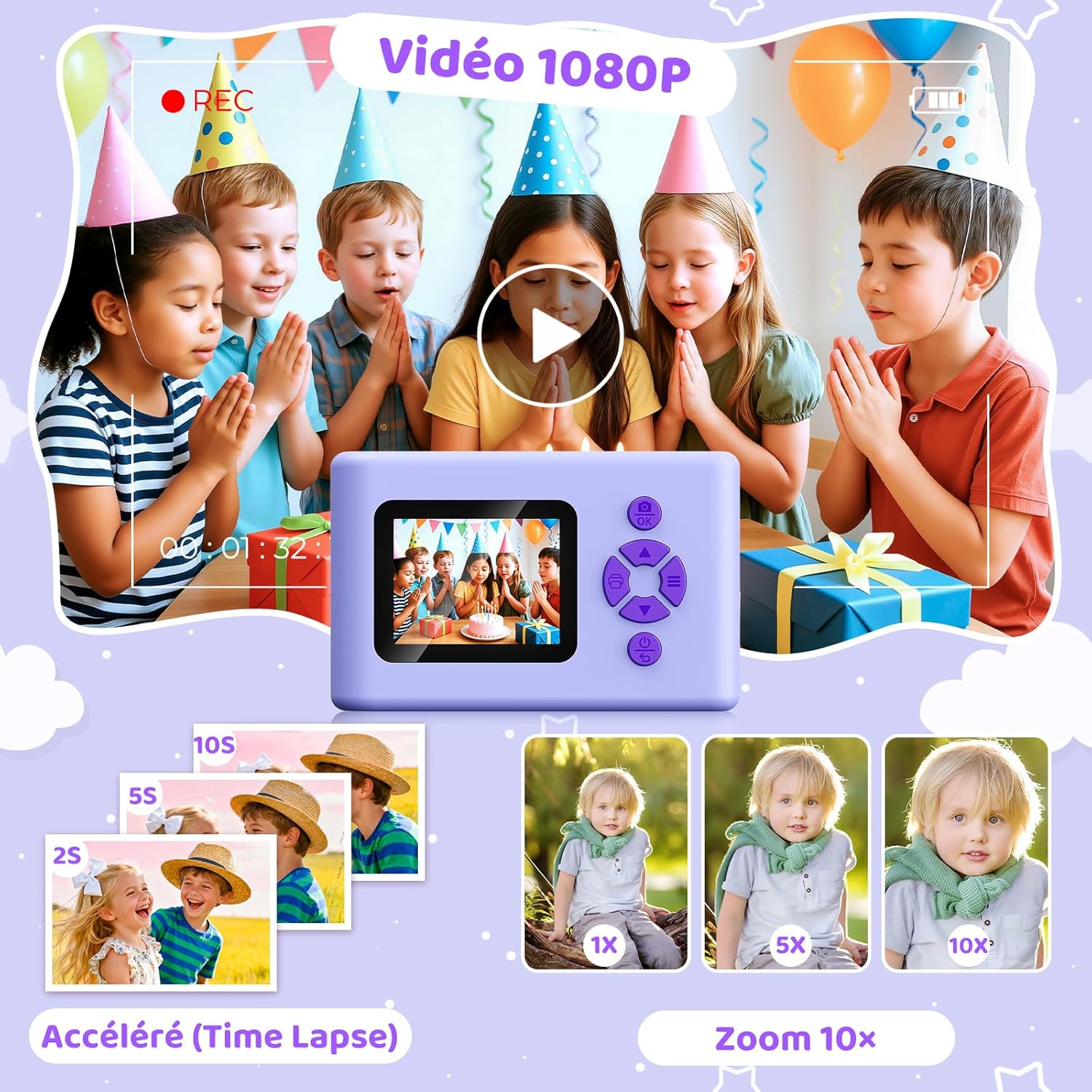 Thumbnail 4 de Appareil photo instantané enfant CHAKEYAKE 20 MP, écran 2,4 pouces et impression thermique (violet)