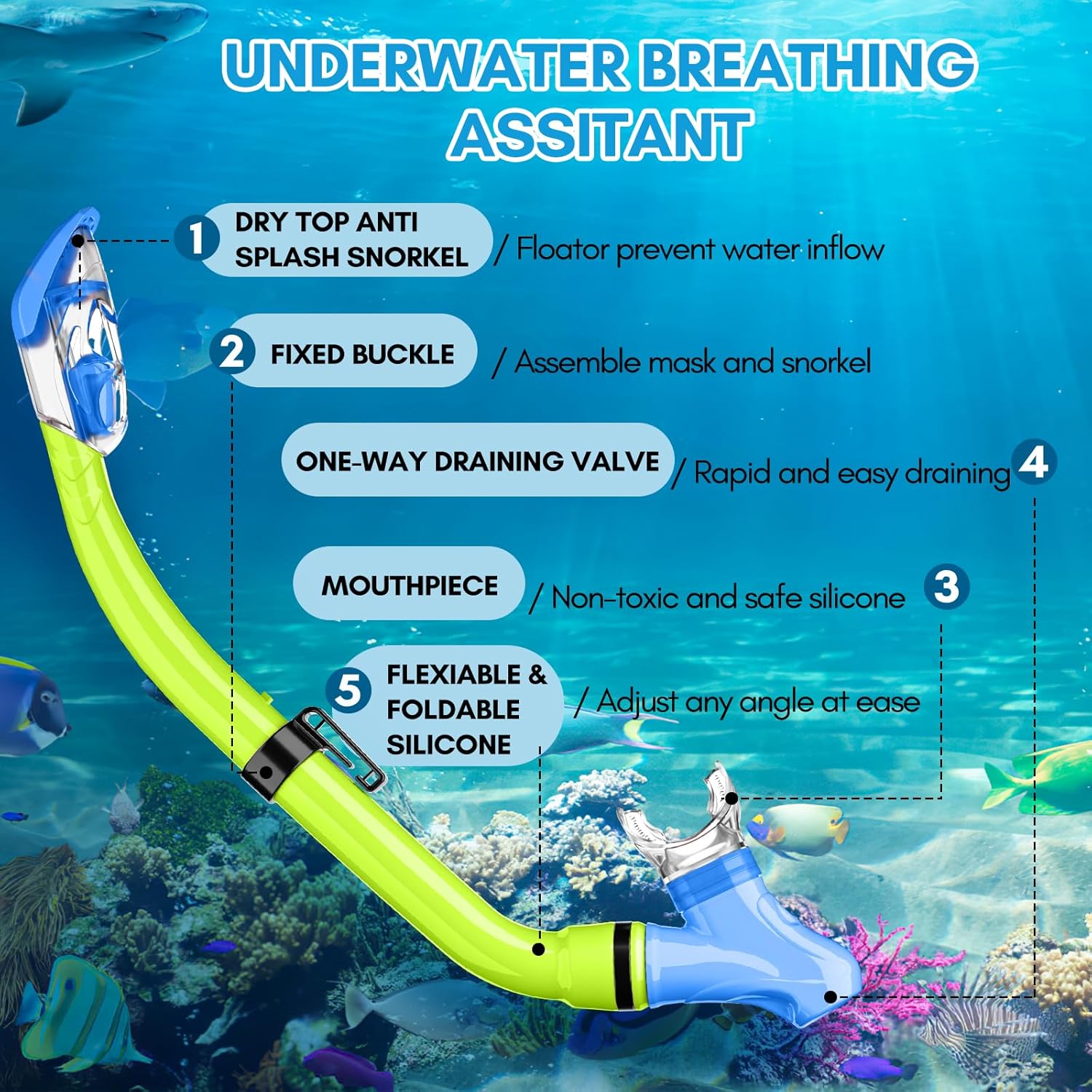 Detalle de HiiPeak Kids Snorkeling Gear: Tempered-Glass Mask with Nose Cover and Dry-Top Snorkel (Ages 5–15)