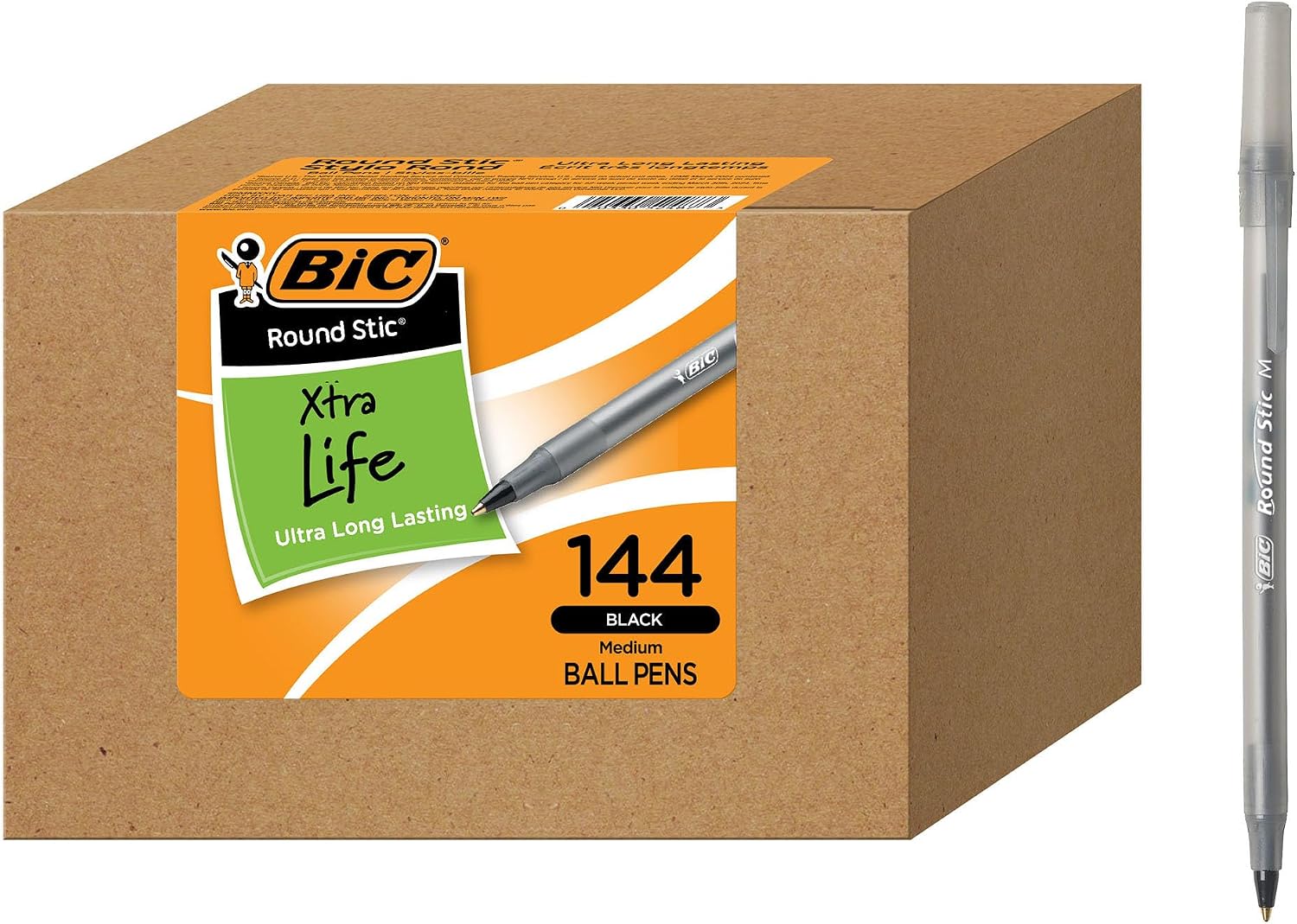 BIC Round Stic Xtra Life Black Ballpoint Pens (144 Pack) — Ultra Long Lasting & Smooth Writing