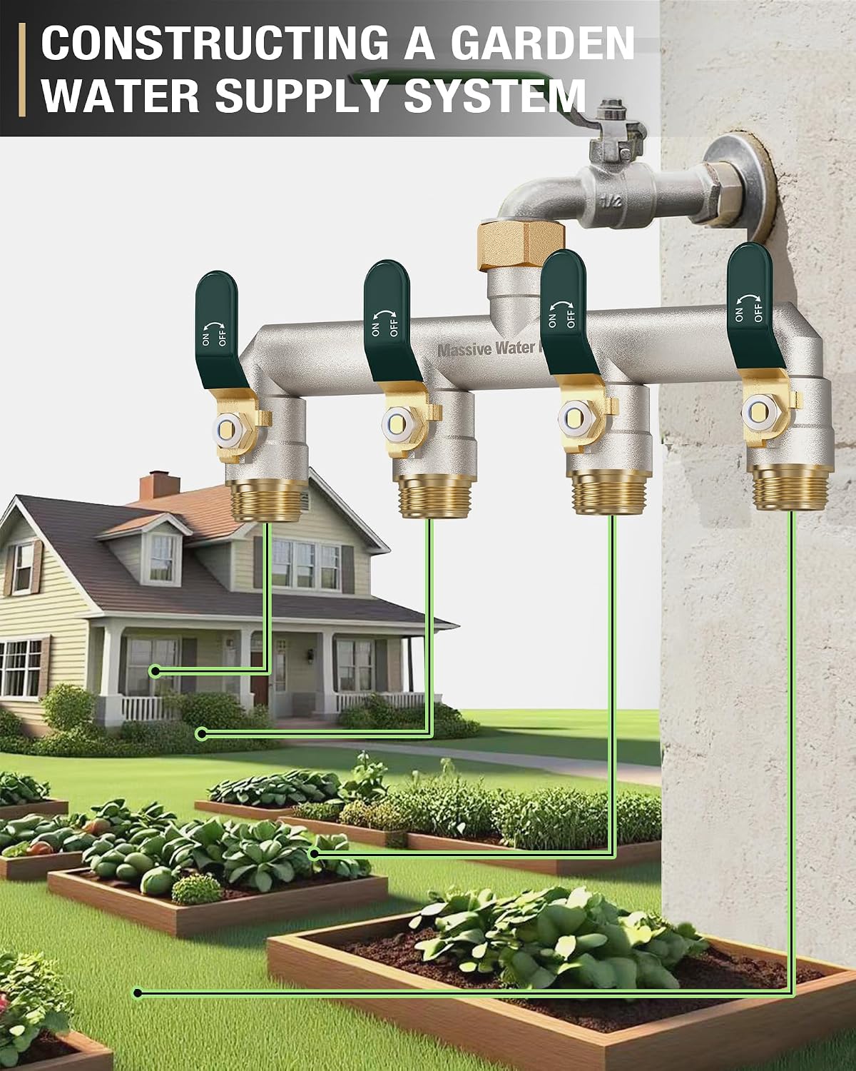 Detalle de HugWaFlw 4-way Hose Pipe Splitter (3/4 inch) in solid brass with ball valve control