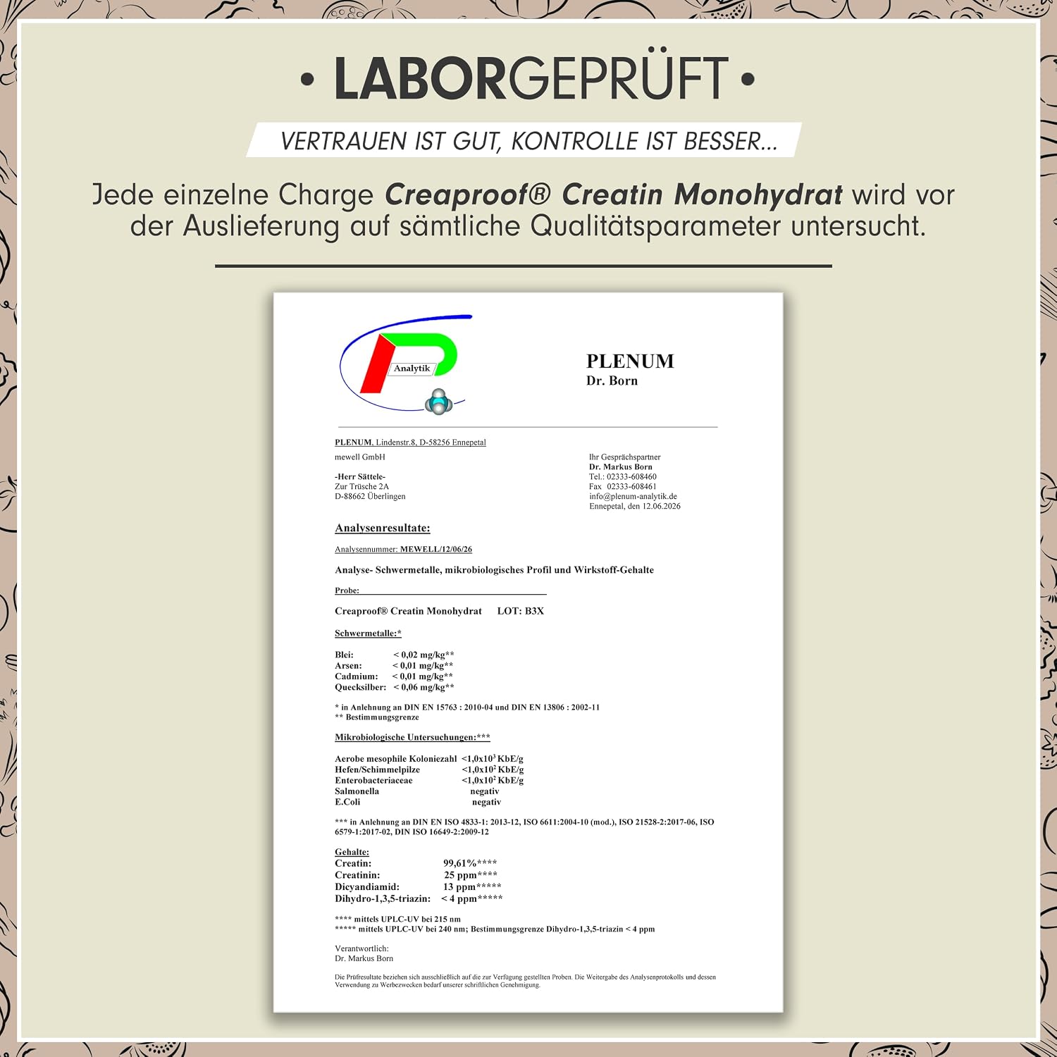 Detalle de CREAPROOF® Creatin Monohydrat 1000 g – 3 g Creatin pro Portion, vegan, Laboranalysen pro Charge