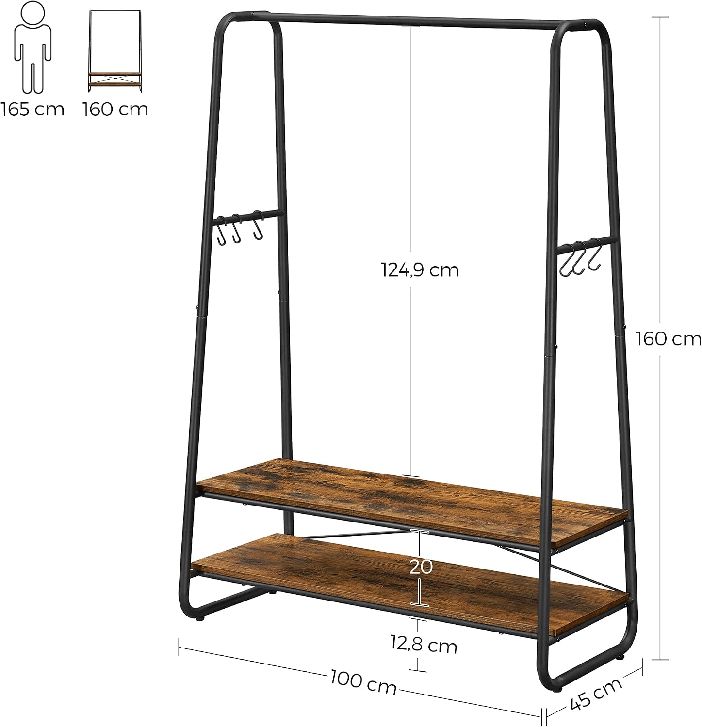Detalle de VASAGLE RGR112B01 industriële kledingstandaard met 2 legplanken en 6 haken
