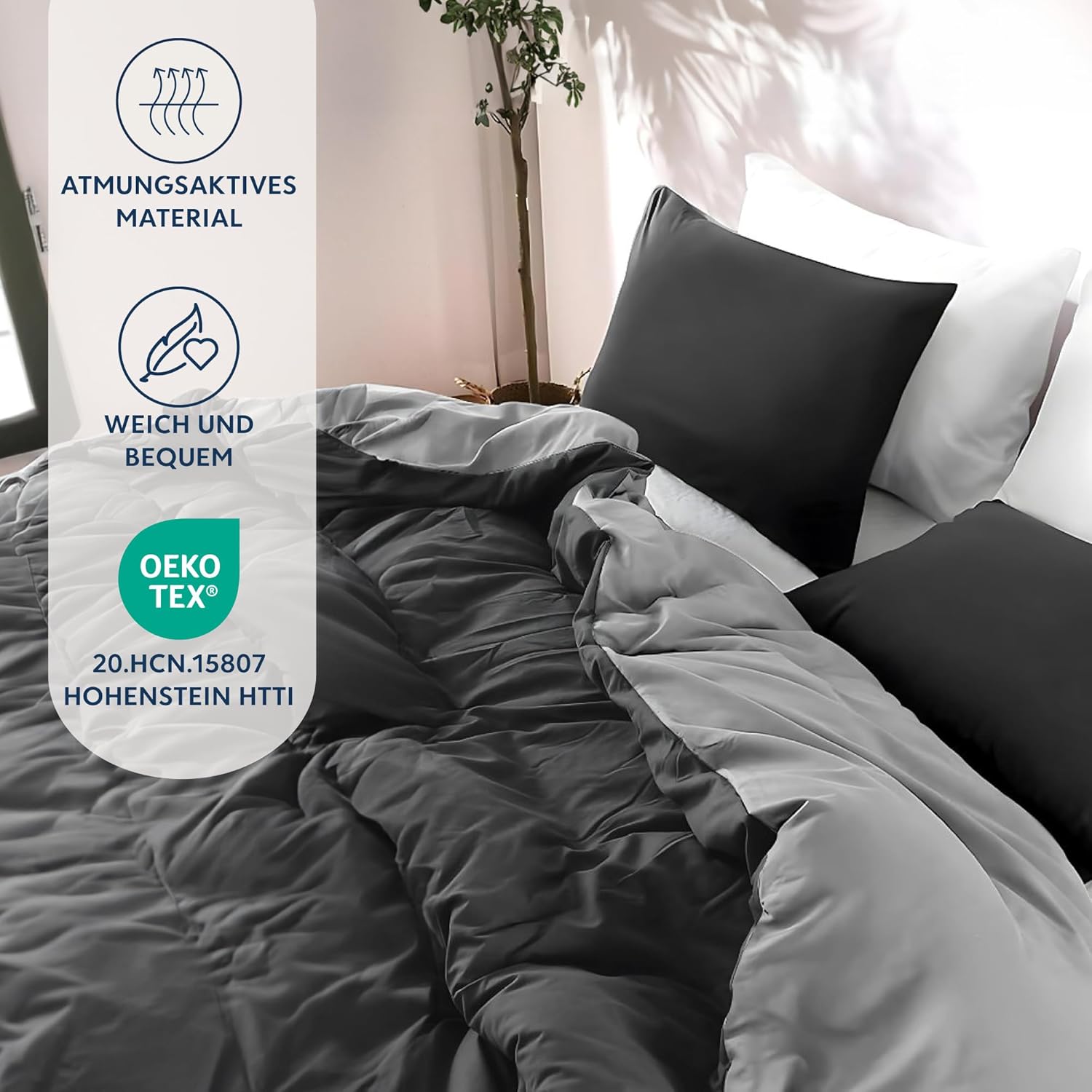 Thumbnail 1 de Dreamzie Bettwäsche-Set 155x220 cm (Schwarz/Dunkelgrau) mit 2 Kissenbezügen 80x80 cm aus 100% Mikrofaser