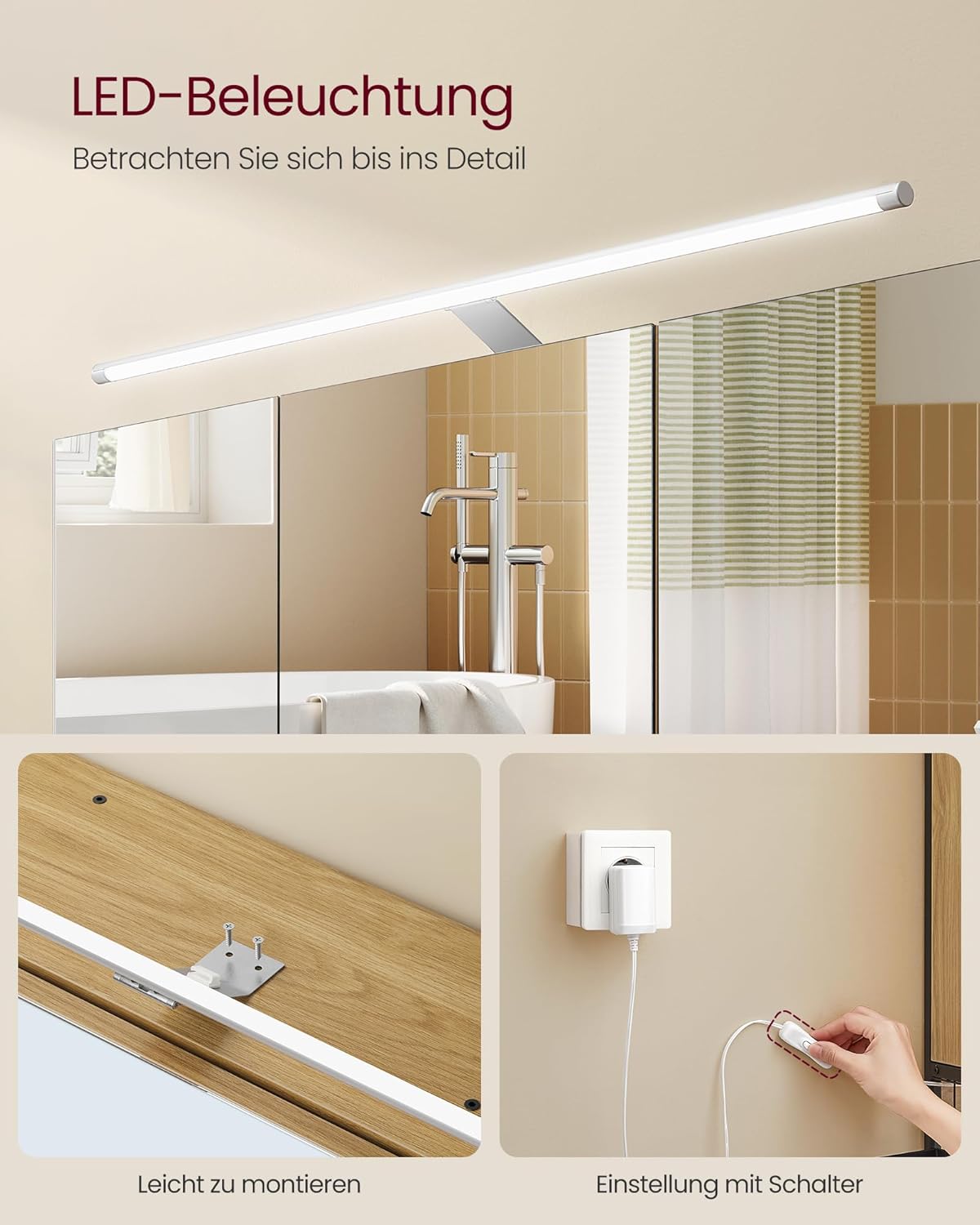 Thumbnail 3 de VASAGLE Spiegelschrank Bad mit Beleuchtung, Natureichenfarben BBK124Y01 – 14,5 x 70 x 70 cm
