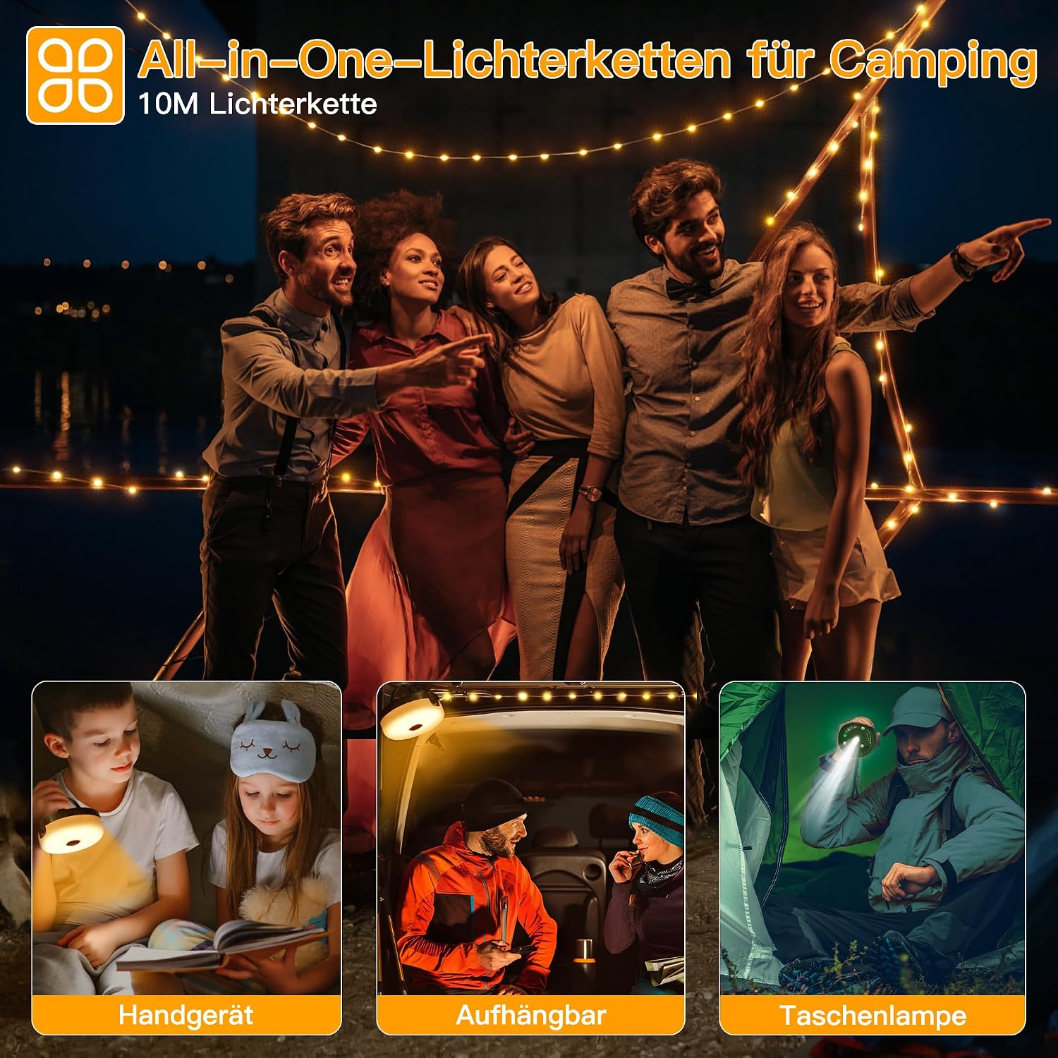 Detalle 2 de Ollny Camping Lichterkette Aufrollbar 10M – 4-in-1 Outdoor-Lichtlösung mit 8 Modi, USB-Akku, Timer und Wasserschutz