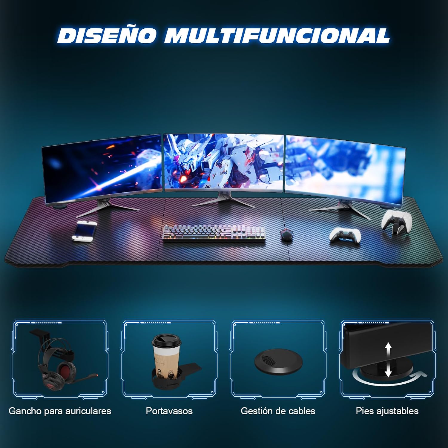 Thumbnail 5 de TRIUMPHKEY Mesa Gaming Z 140x60cm con Portavasos y Ganchos